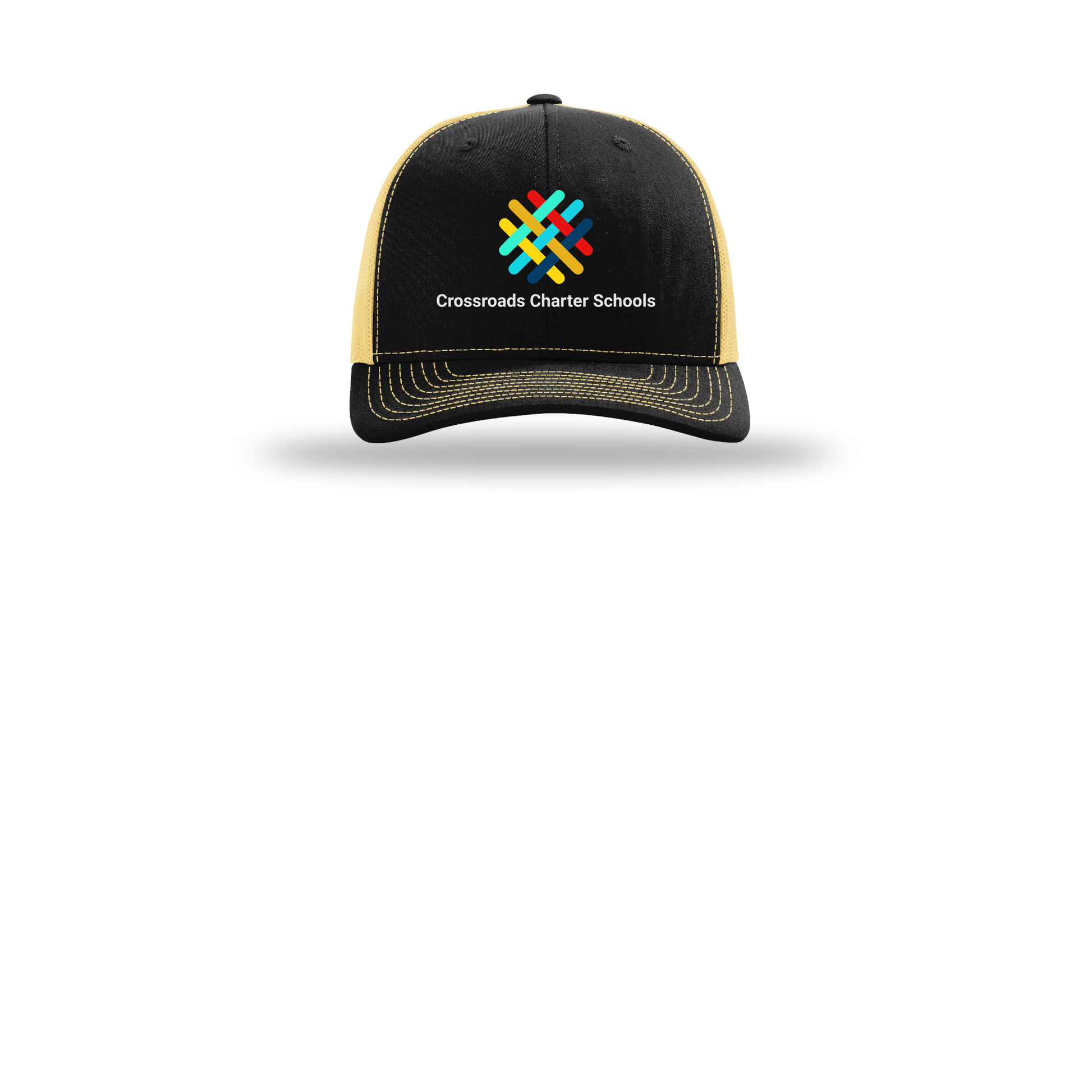 crossroadsschoolskc-richardson-trucker-cap-embroidery-capfront-R112-blackvegasgold-flat-front