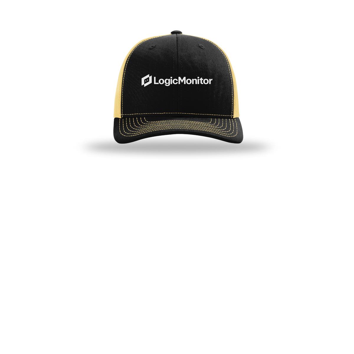 logicmonitor-richardson-trucker-cap-embroidery-capfront-R112-blackvegasgold-flat-front