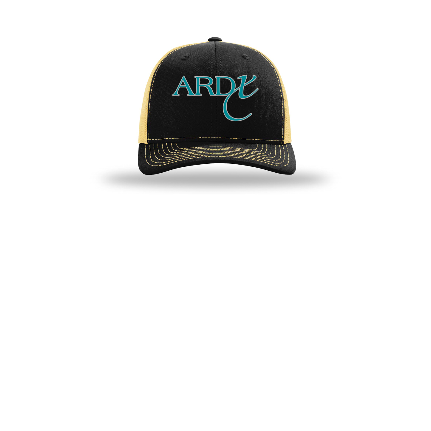 ardx-richardson-trucker-cap-embroidery-capfront-R112-blackvegasgold-flat-front