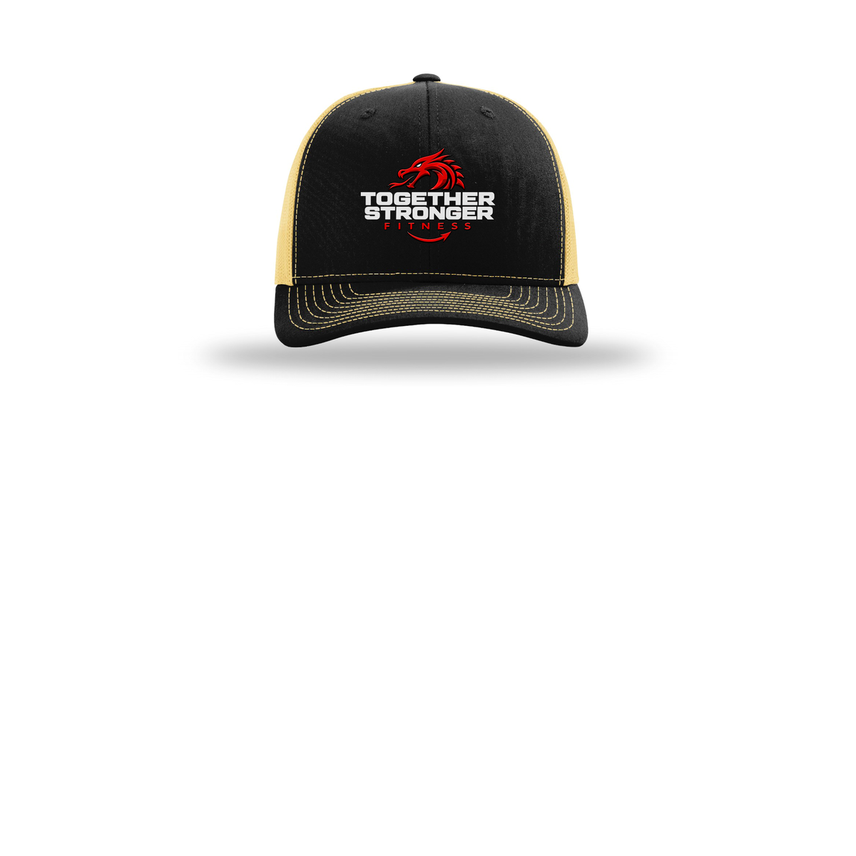 togetherstrongerfitness-richardson-trucker-cap-embroidery-capfront-R112-blackvegasgold-flat-front