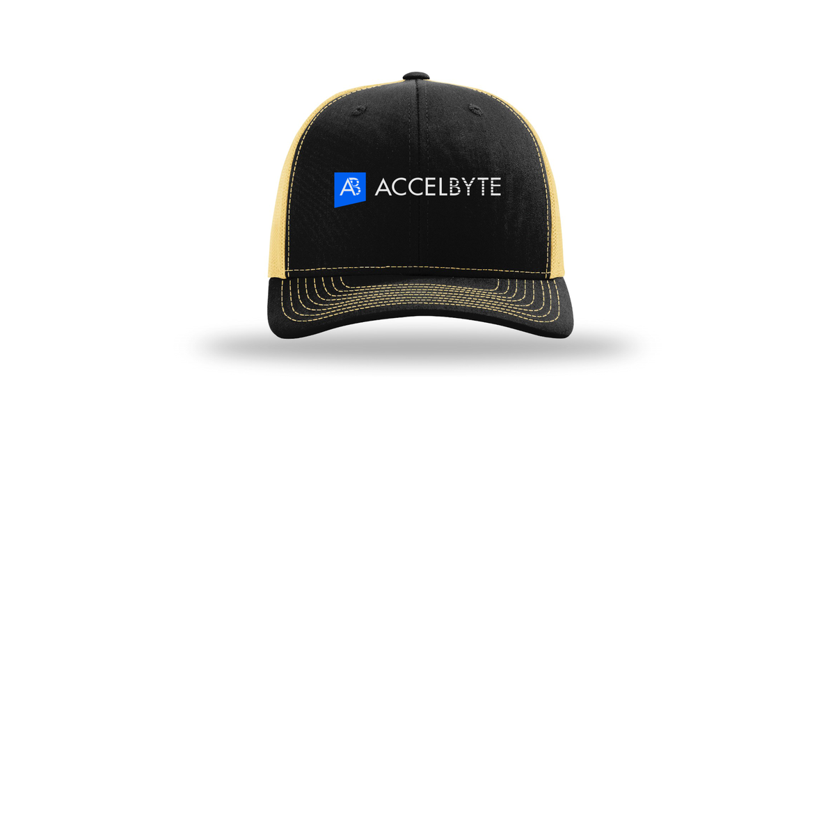 accelbyte-richardson-trucker-cap-embroidery-capfront-R112-blackvegasgold-flat-front