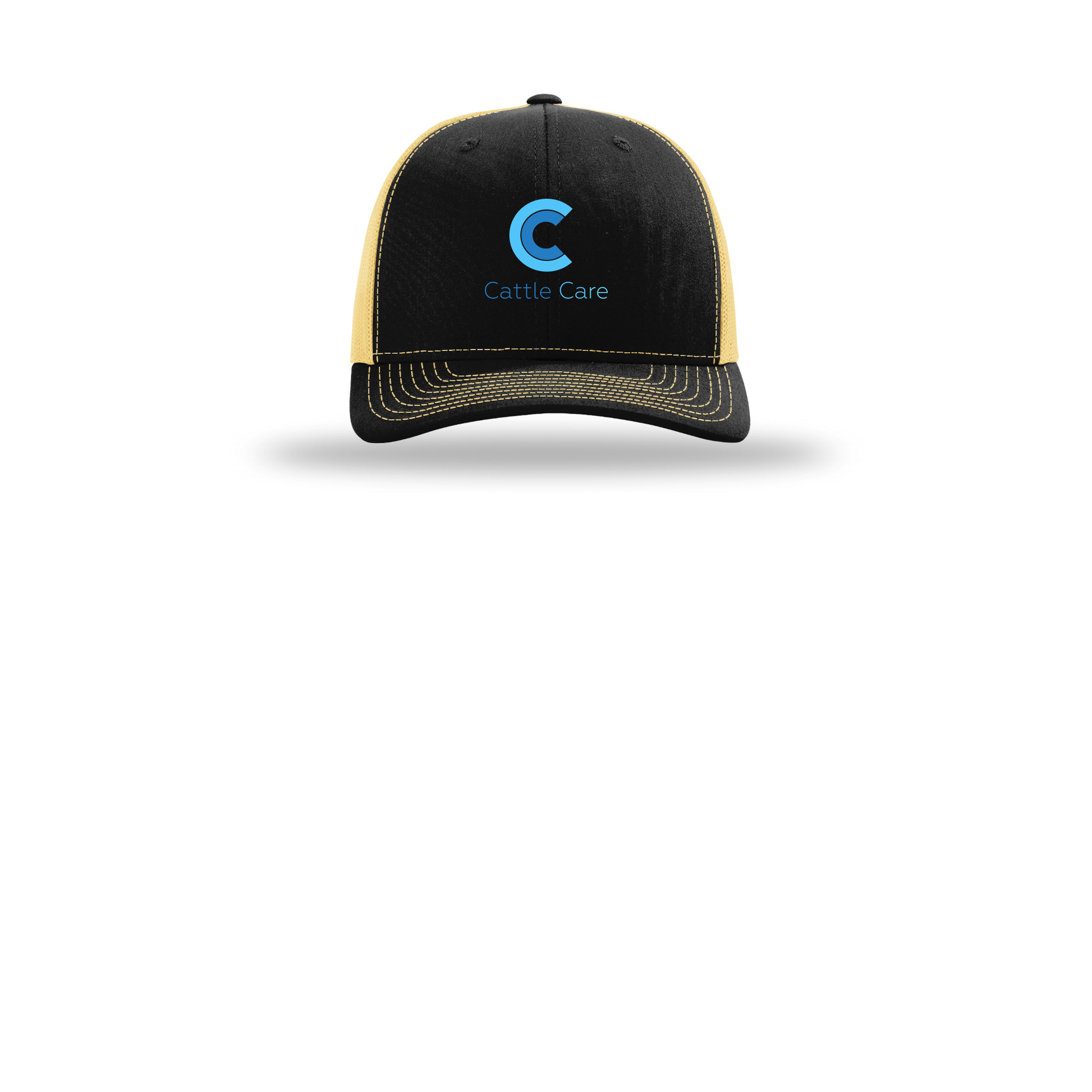 cattle-care-richardson-trucker-cap-embroidery-capfront-R112-blackvegasgold-flat-front