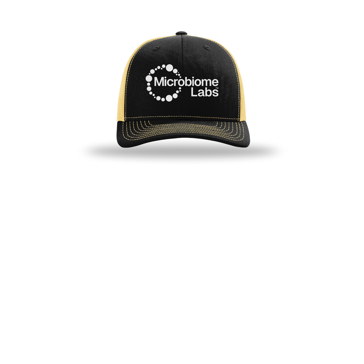 microbiomelabs-richardson-trucker-cap-embroidery-capfront-R112-blackvegasgold-flat-front