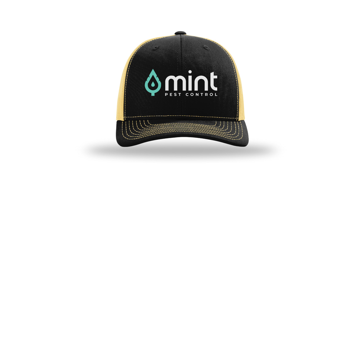 mintpest-richardson-trucker-cap-embroidery-capfront-R112-blackvegasgold-flat-front