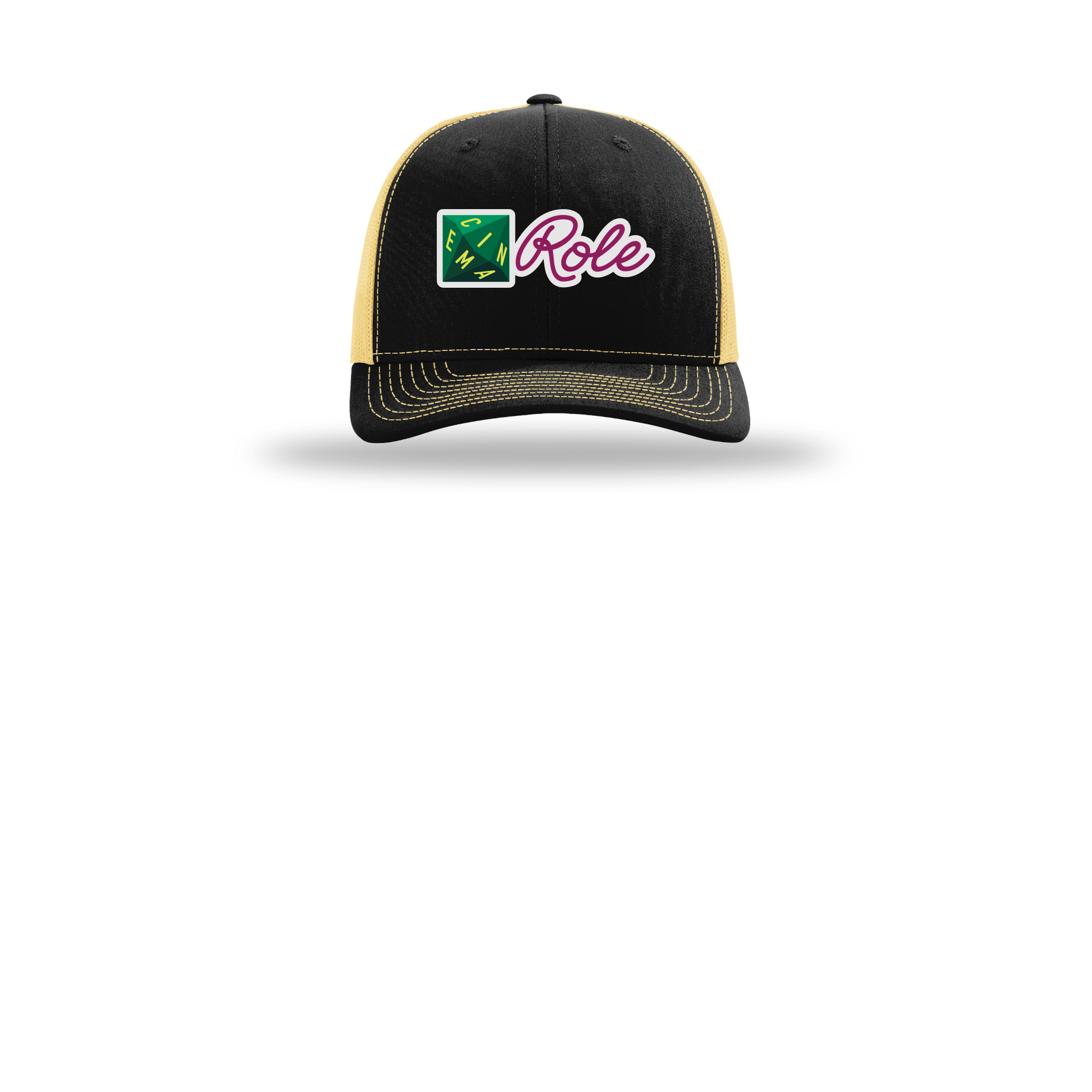 cinemarole-richardson-trucker-cap-embroidery-capfront-R112-blackvegasgold-flat-front