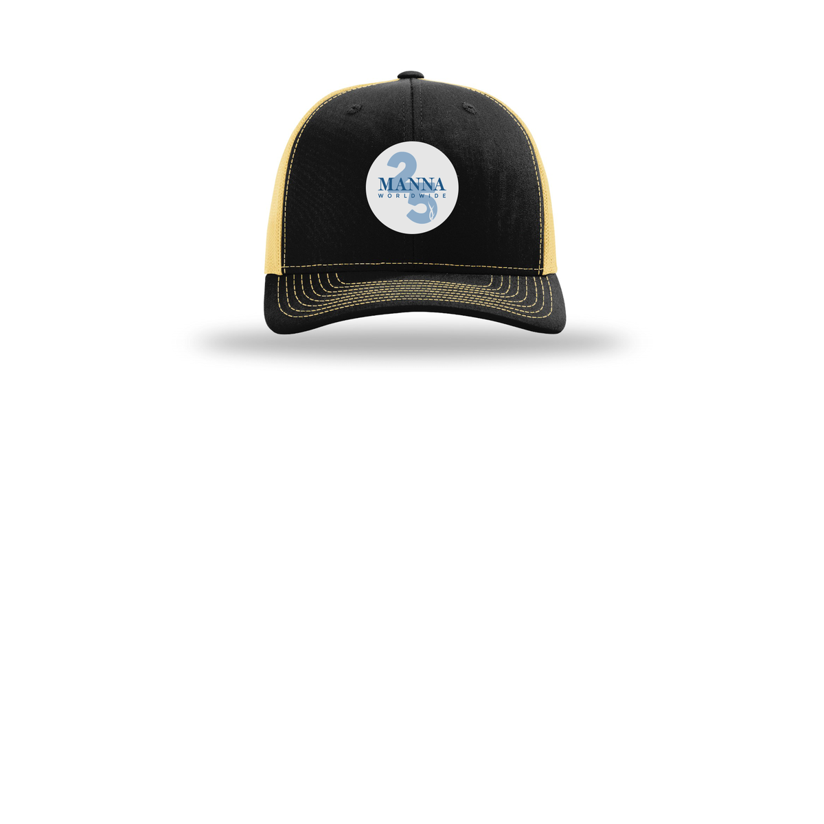 mannaworldwide-richardson-trucker-cap-embroidery-capfront-R112-blackvegasgold-flat-front