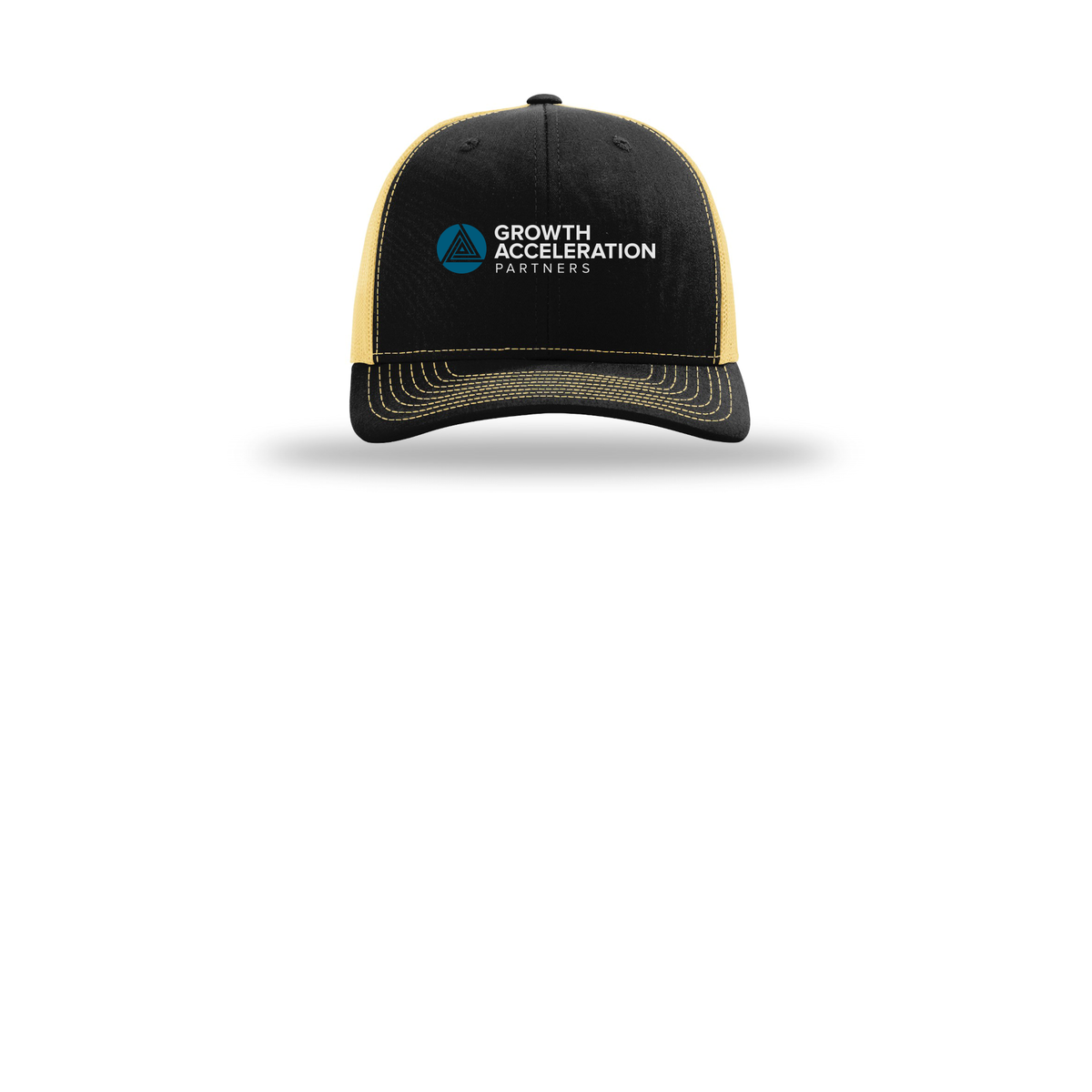 growthaccelerationpartners-richardson-trucker-cap-embroidery-capfront-R112-blackvegasgold-flat-front