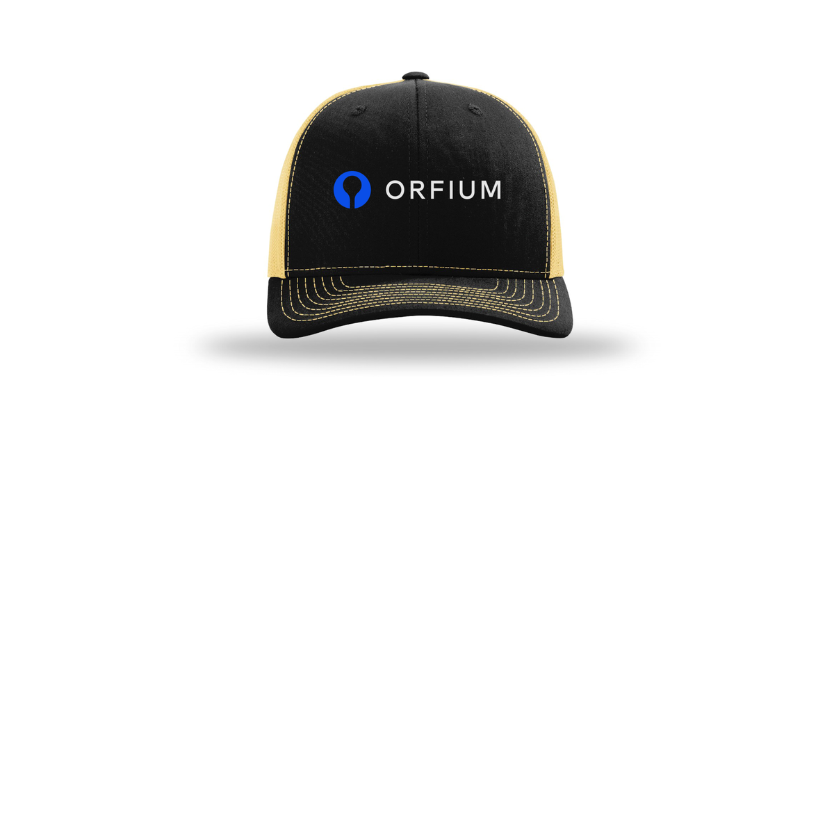 orfium-richardson-trucker-cap-embroidery-capfront-R112-blackvegasgold-flat-front