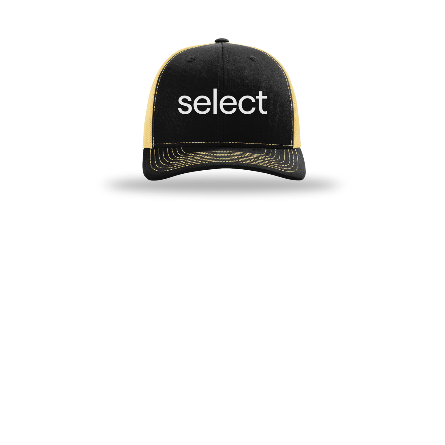 meetselect-richardson-trucker-cap-embroidery-capfront-R112-blackvegasgold-flat-front