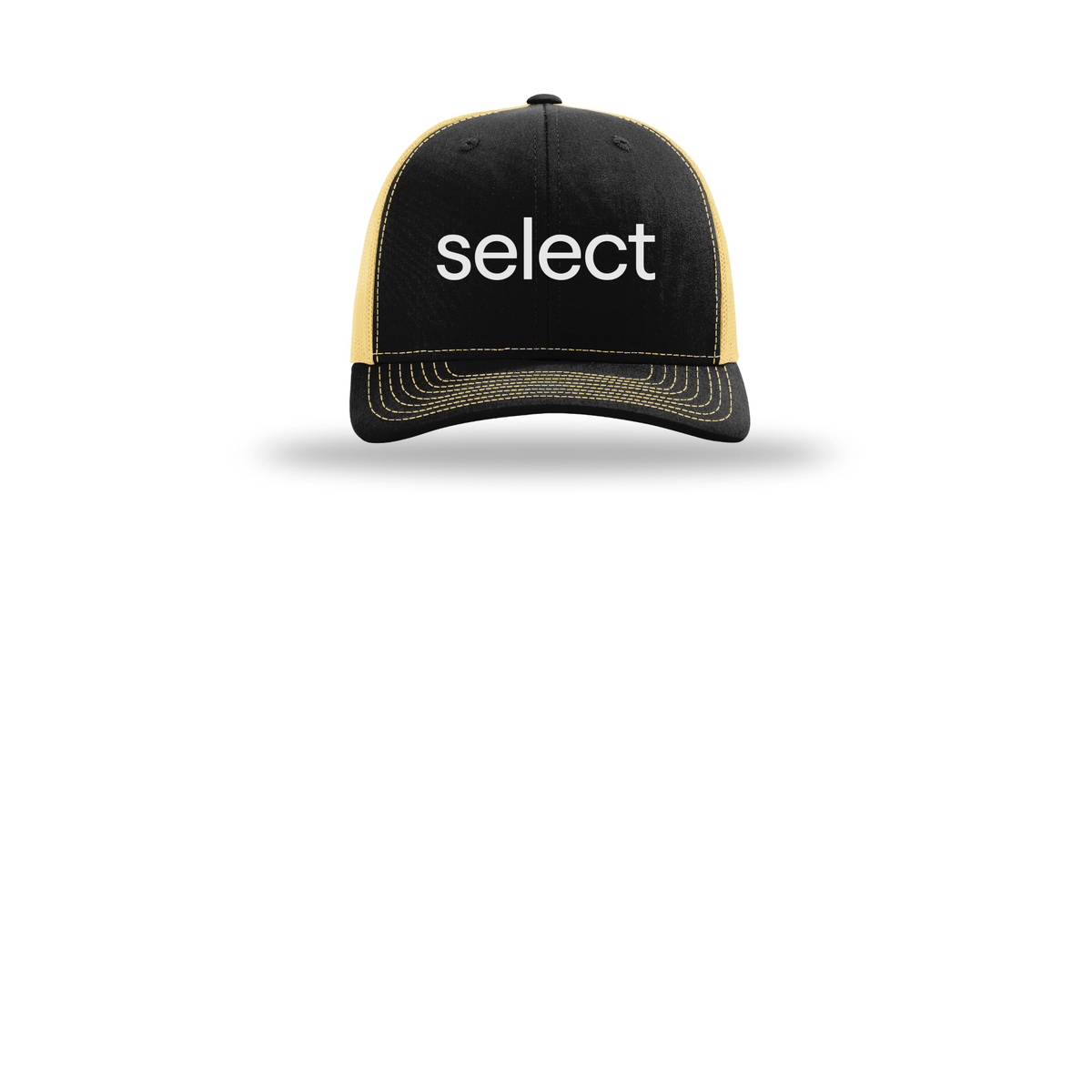 meetselect-richardson-trucker-cap-embroidery-capfront-R112-blackvegasgold-flat-front