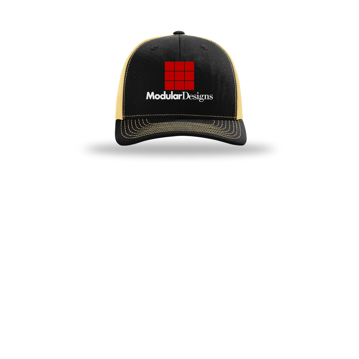 modulardesignsflooring-richardson-trucker-cap-embroidery-capfront-R112-blackvegasgold-flat-front