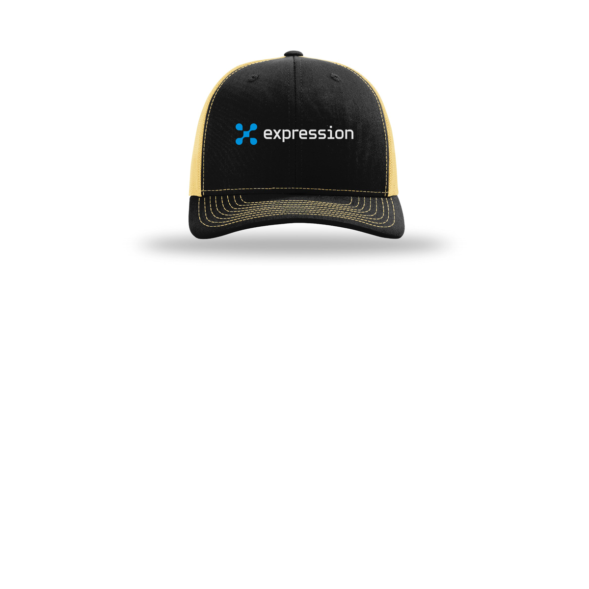 expr-richardson-trucker-cap-embroidery-capfront-R112-blackvegasgold-flat-front