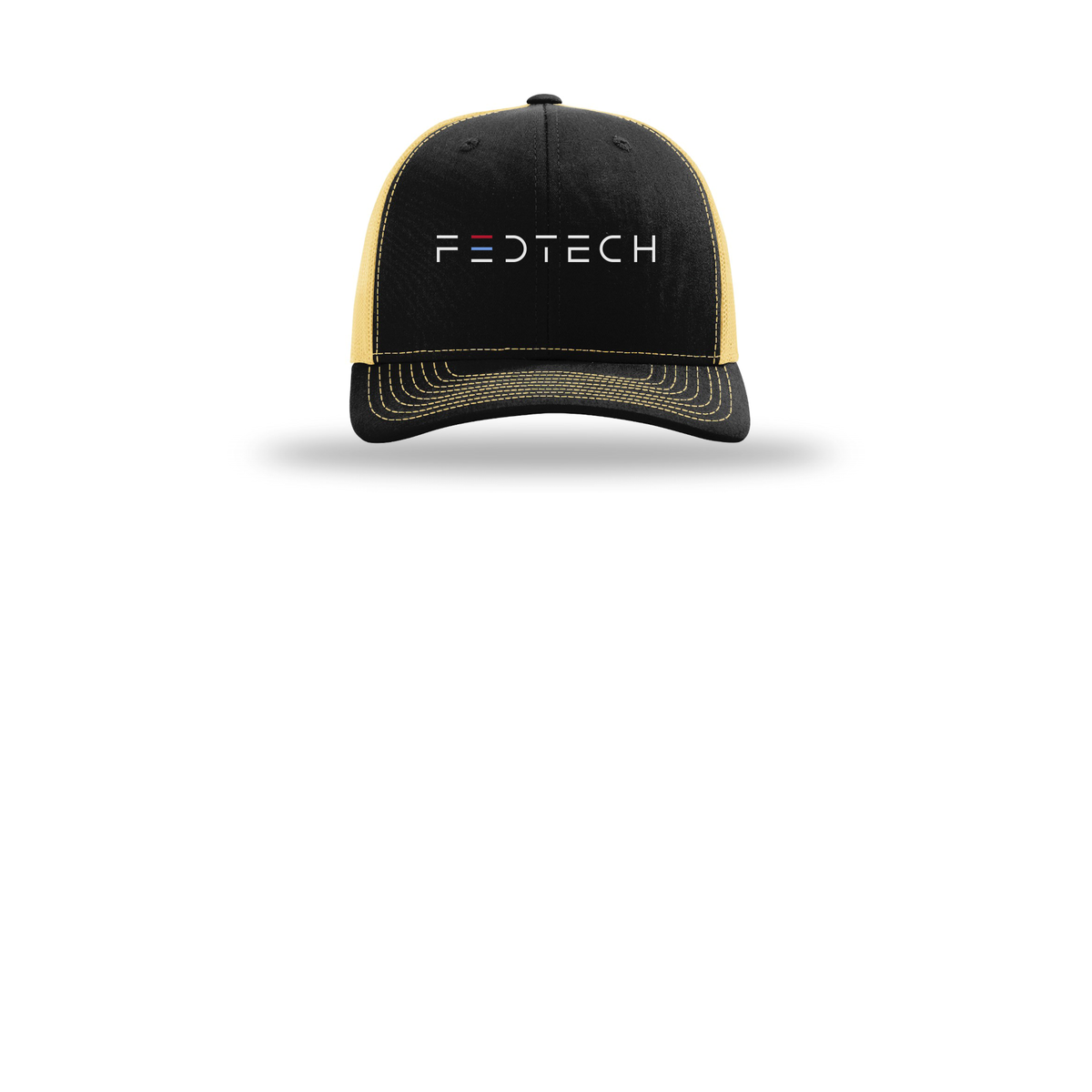 fedtech-richardson-trucker-cap-embroidery-capfront-R112-blackvegasgold-flat-front