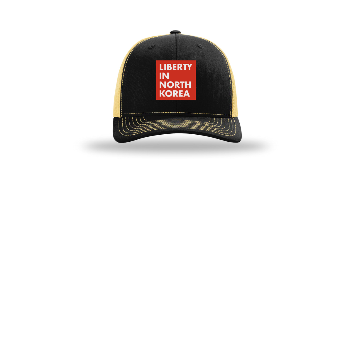 libertyinnorthkorea-richardson-trucker-cap-embroidery-capfront-R112-blackvegasgold-flat-front