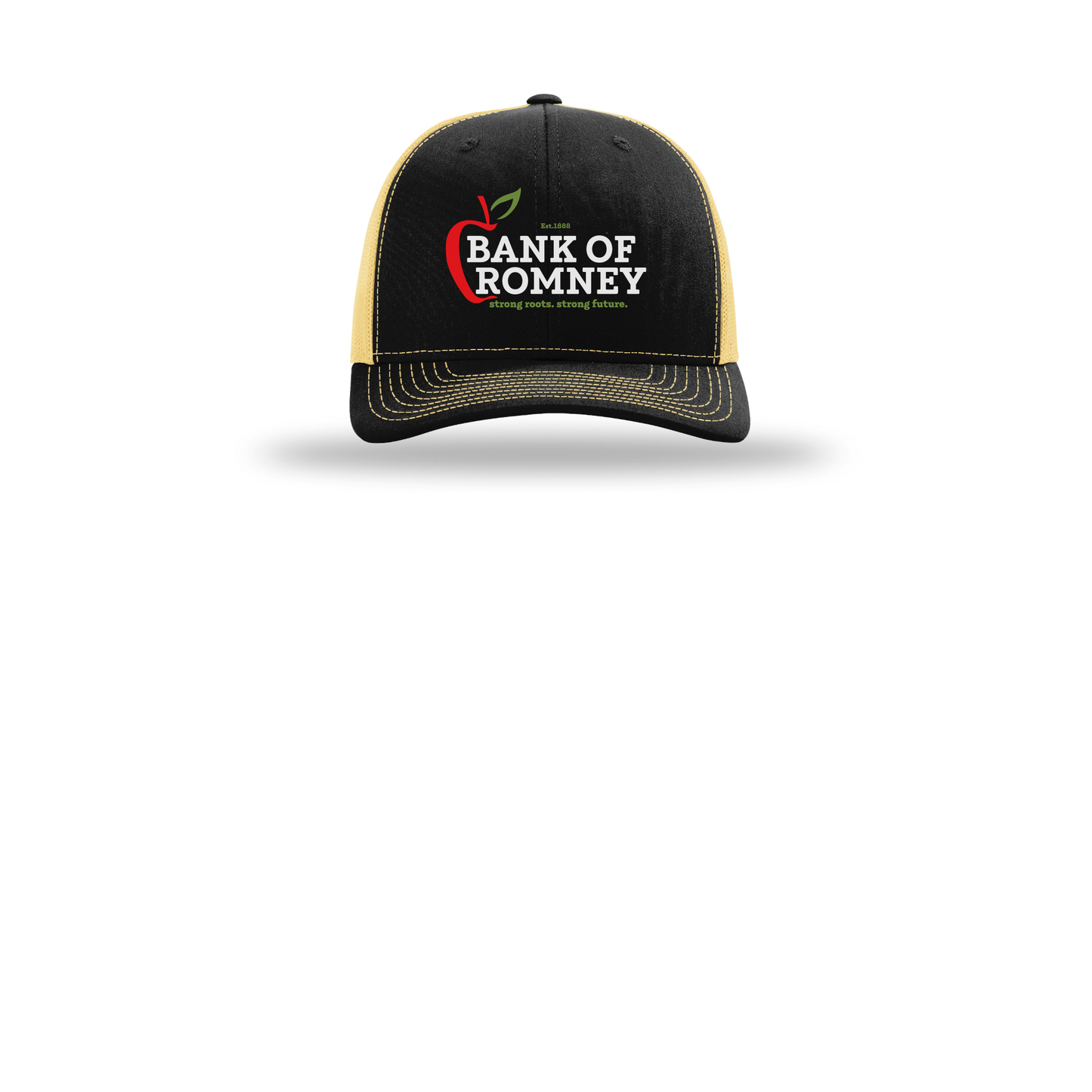 bankofromney-richardson-trucker-cap-embroidery-capfront-R112-blackvegasgold-flat-front