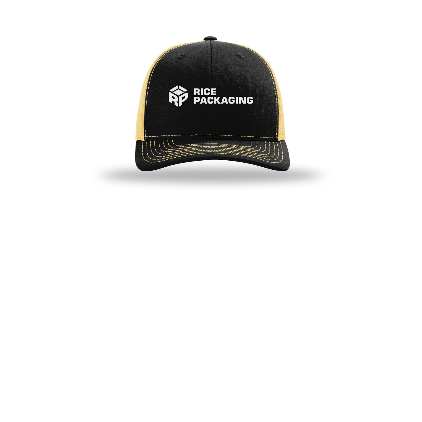 ricepackaging-richardson-trucker-cap-embroidery-capfront-R112-blackvegasgold-flat-front