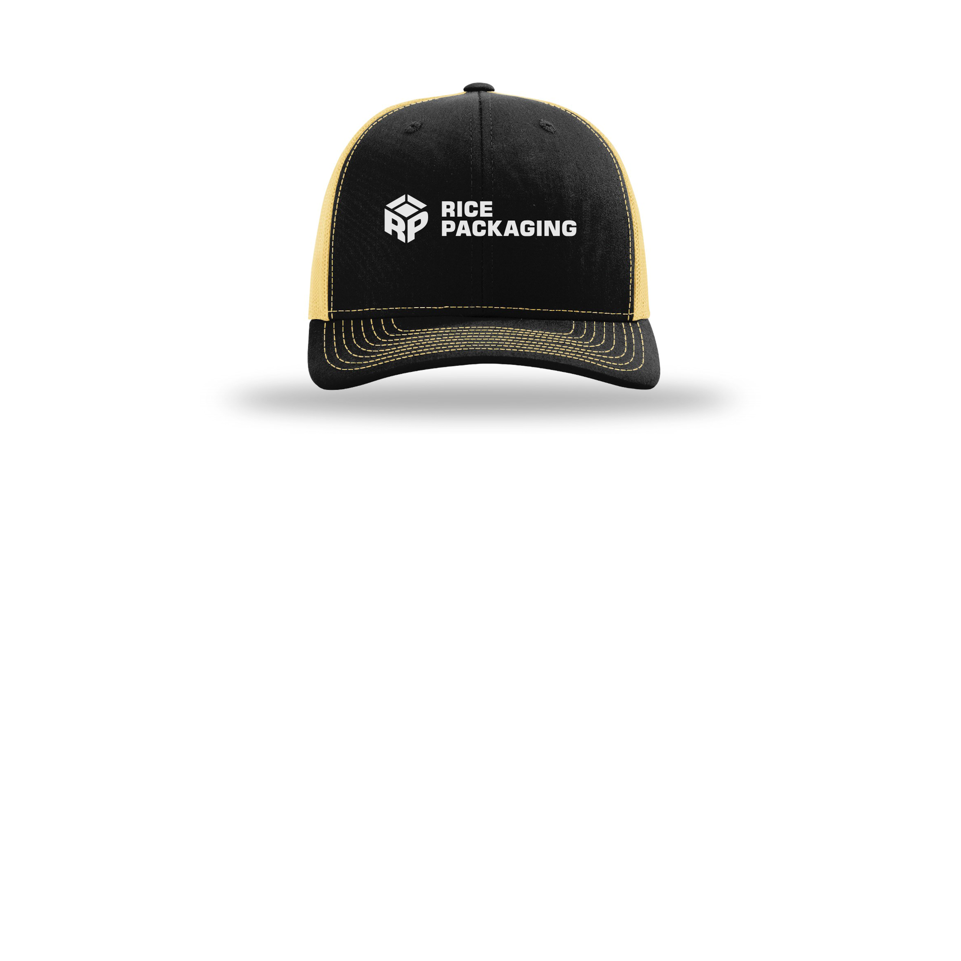 ricepackaging-richardson-trucker-cap-embroidery-capfront-R112-blackvegasgold-flat-front