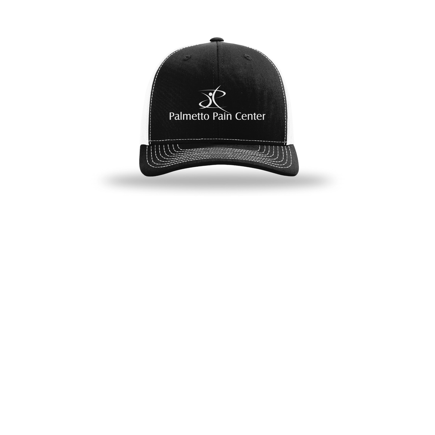 palmetto-pain-center-richardson-trucker-cap-embroidery-capfront-R112-blackwhite-flat-front