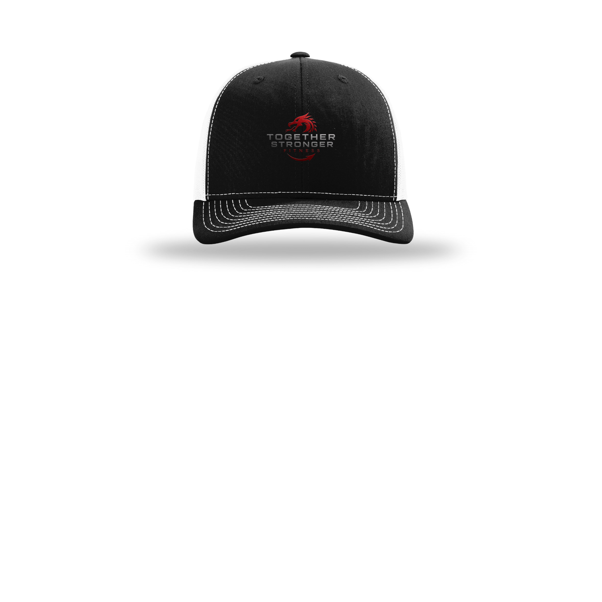 togetherstrongerfitness-richardson-trucker-cap-embroidery-capfront-R112-blackwhite-flat-front