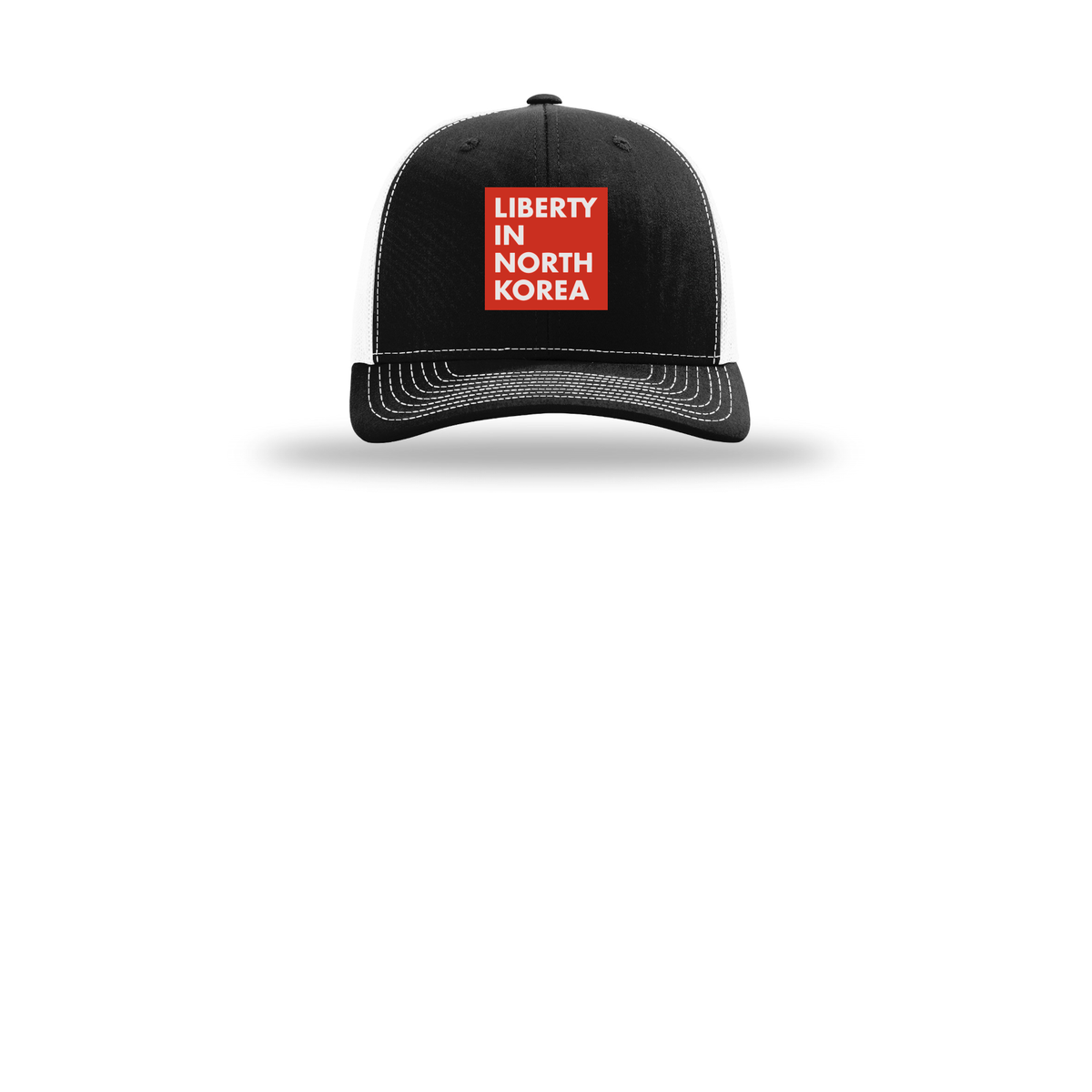 libertyinnorthkorea-richardson-trucker-cap-embroidery-capfront-R112-blackwhite-flat-front