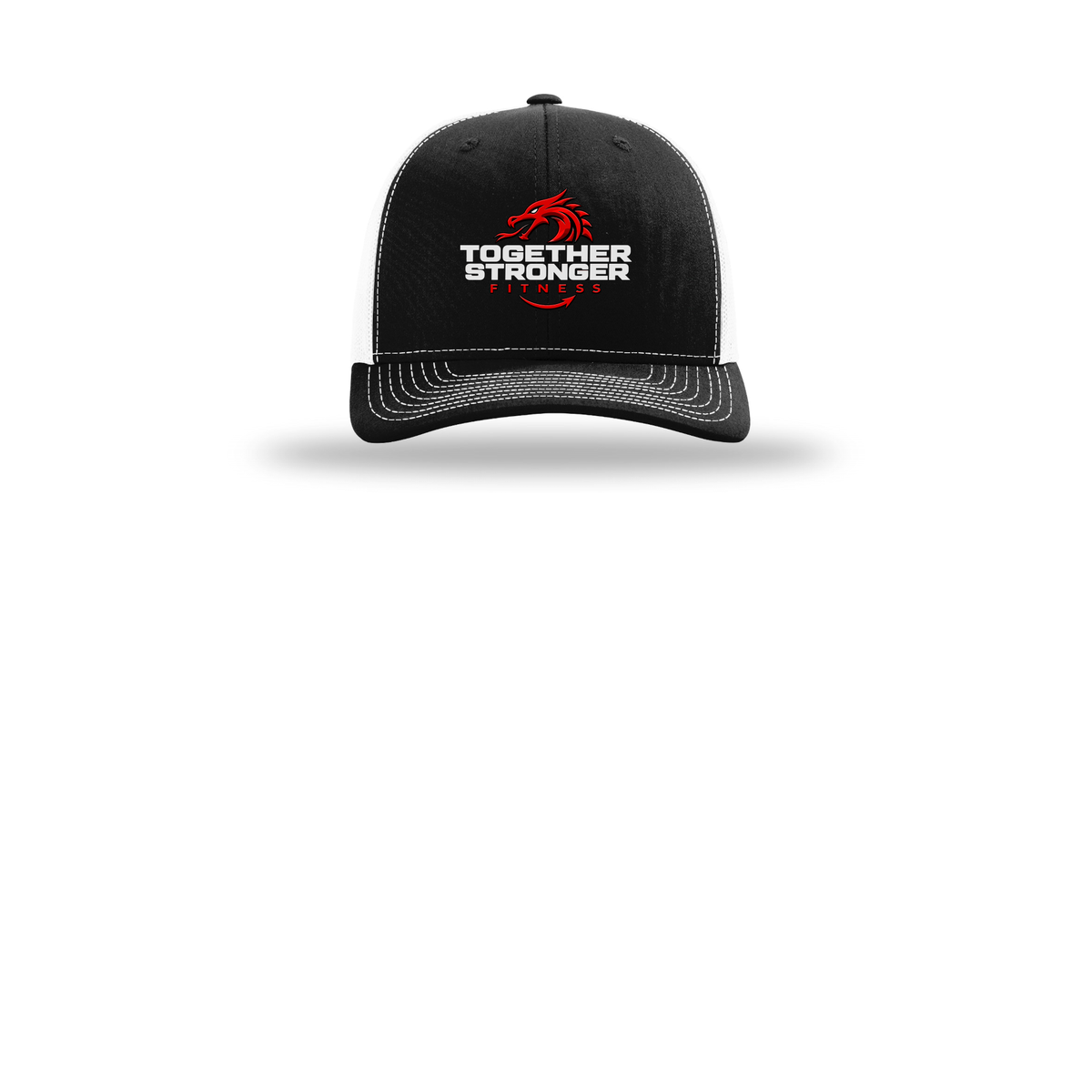 togetherstrongerfitness-richardson-trucker-cap-embroidery-capfront-R112-blackwhite-flat-front