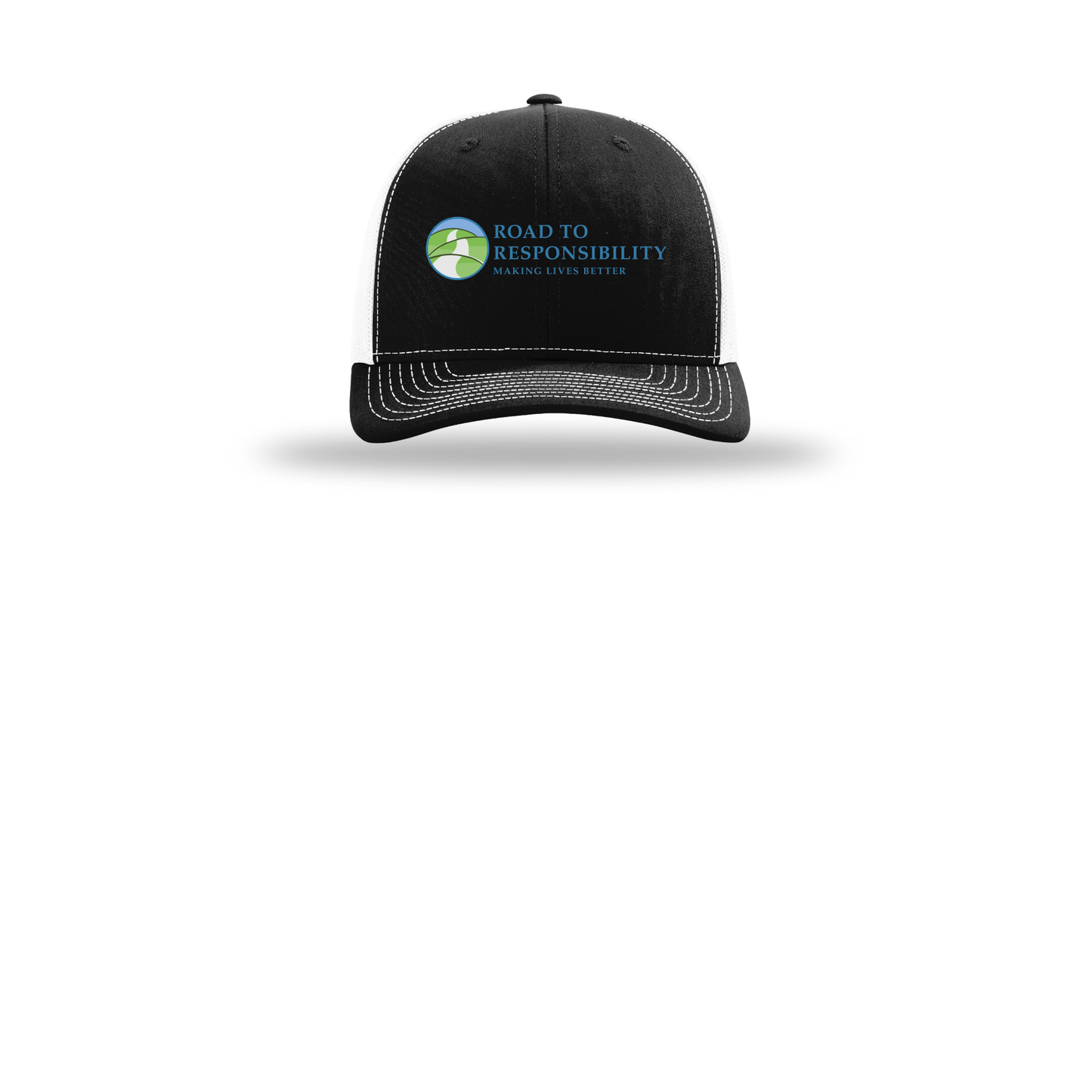 roadtoresponsibility-richardson-trucker-cap-embroidery-capfront-R112-blackwhite-flat-front