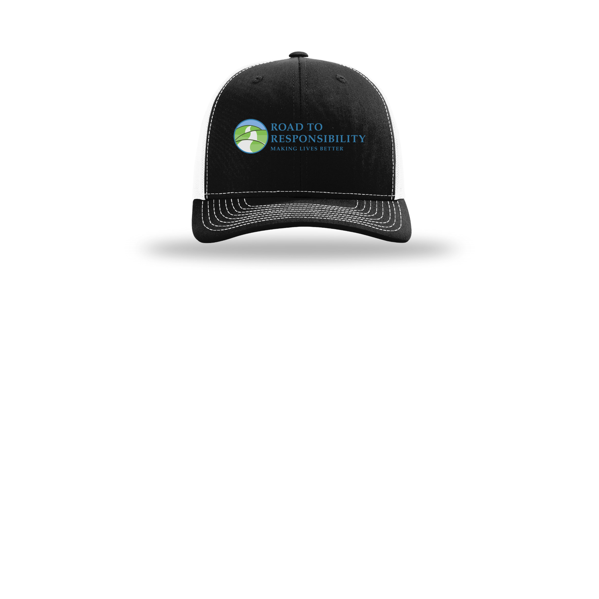 roadtoresponsibility-richardson-trucker-cap-embroidery-capfront-R112-blackwhite-flat-front