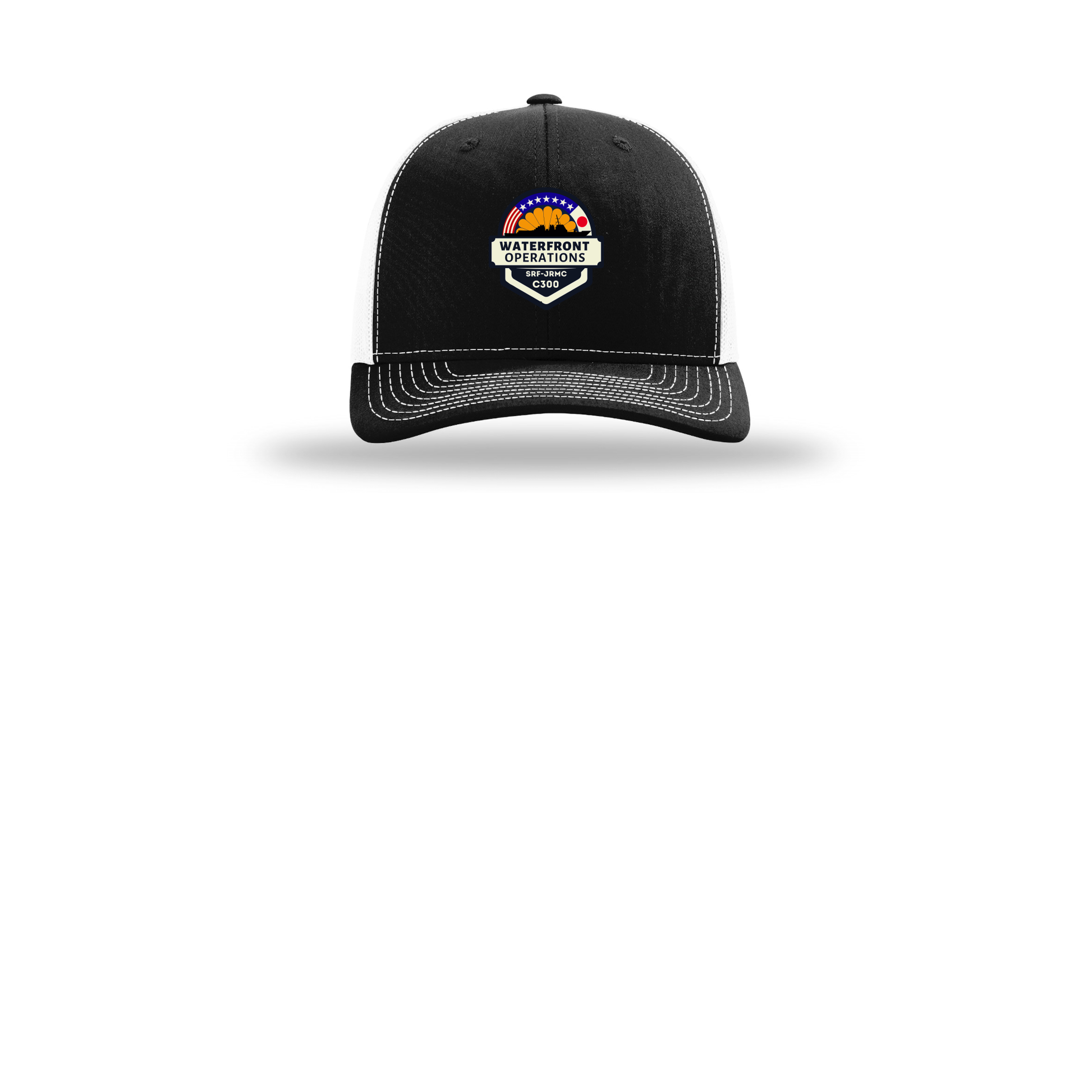 waterfront-operations-retro-trucker-cap-embroidery-capfront-R112-blackwhite-flat-front