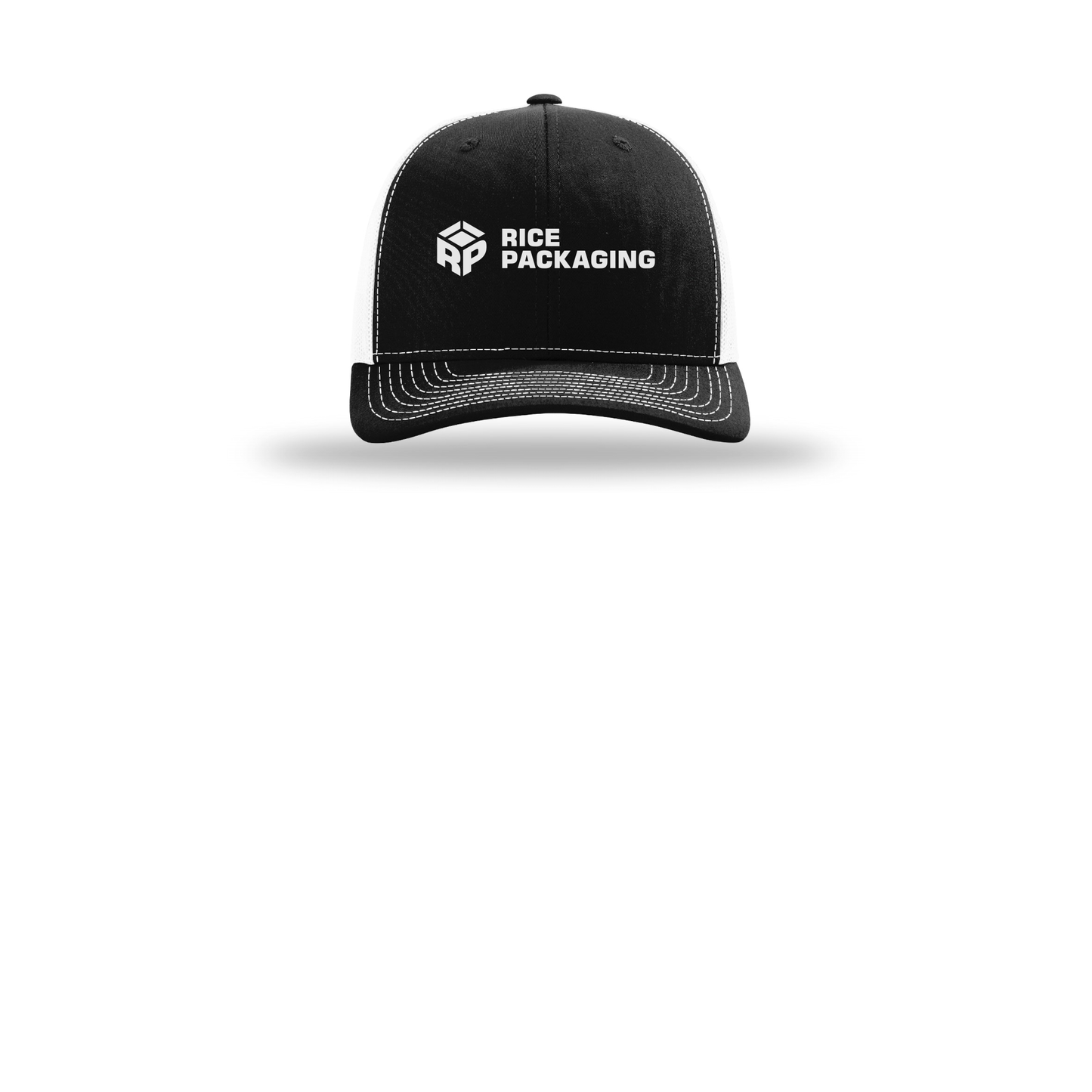ricepackaging-richardson-trucker-cap-embroidery-capfront-R112-blackwhite-flat-front