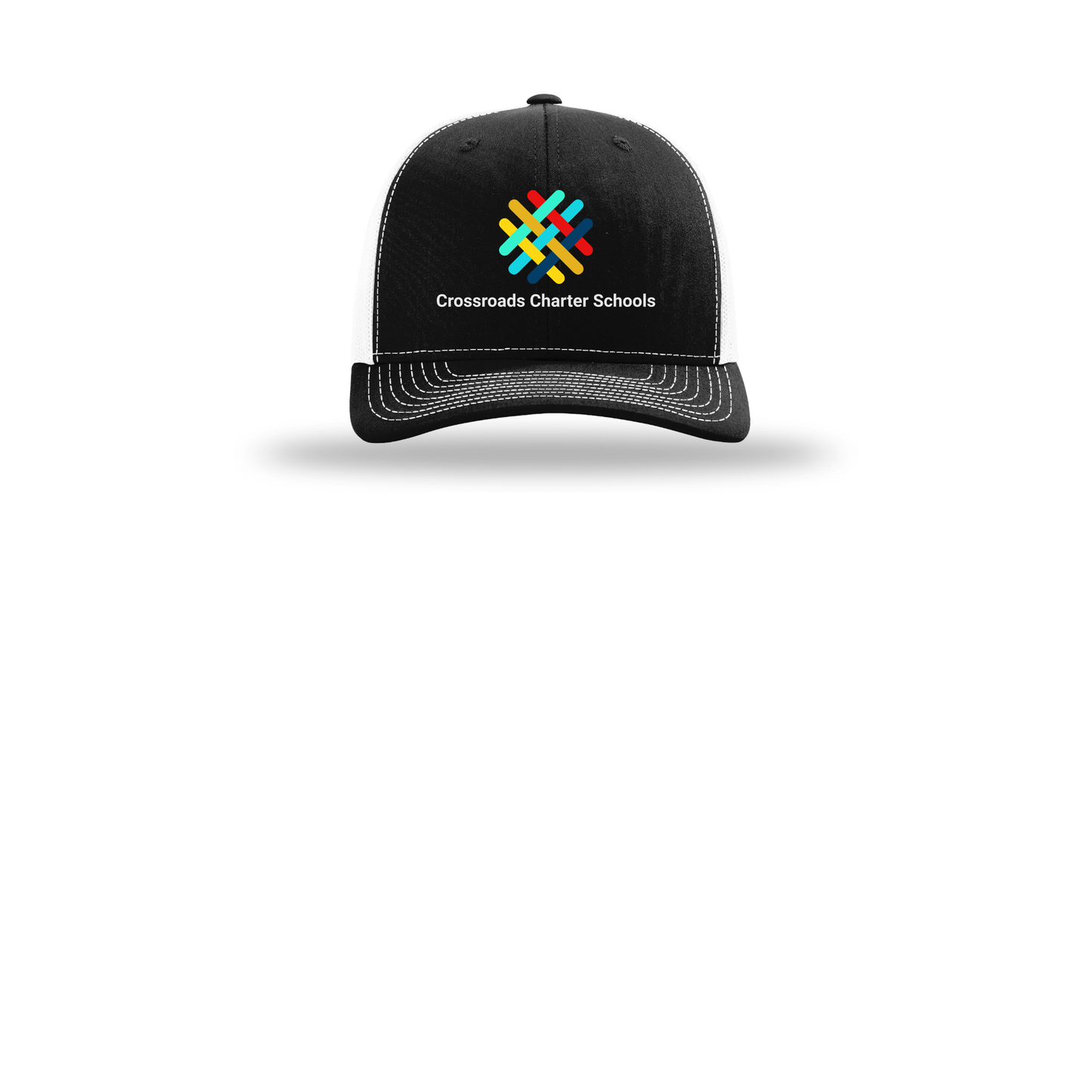 crossroadsschoolskc-richardson-trucker-cap-embroidery-capfront-R112-blackwhite-flat-front