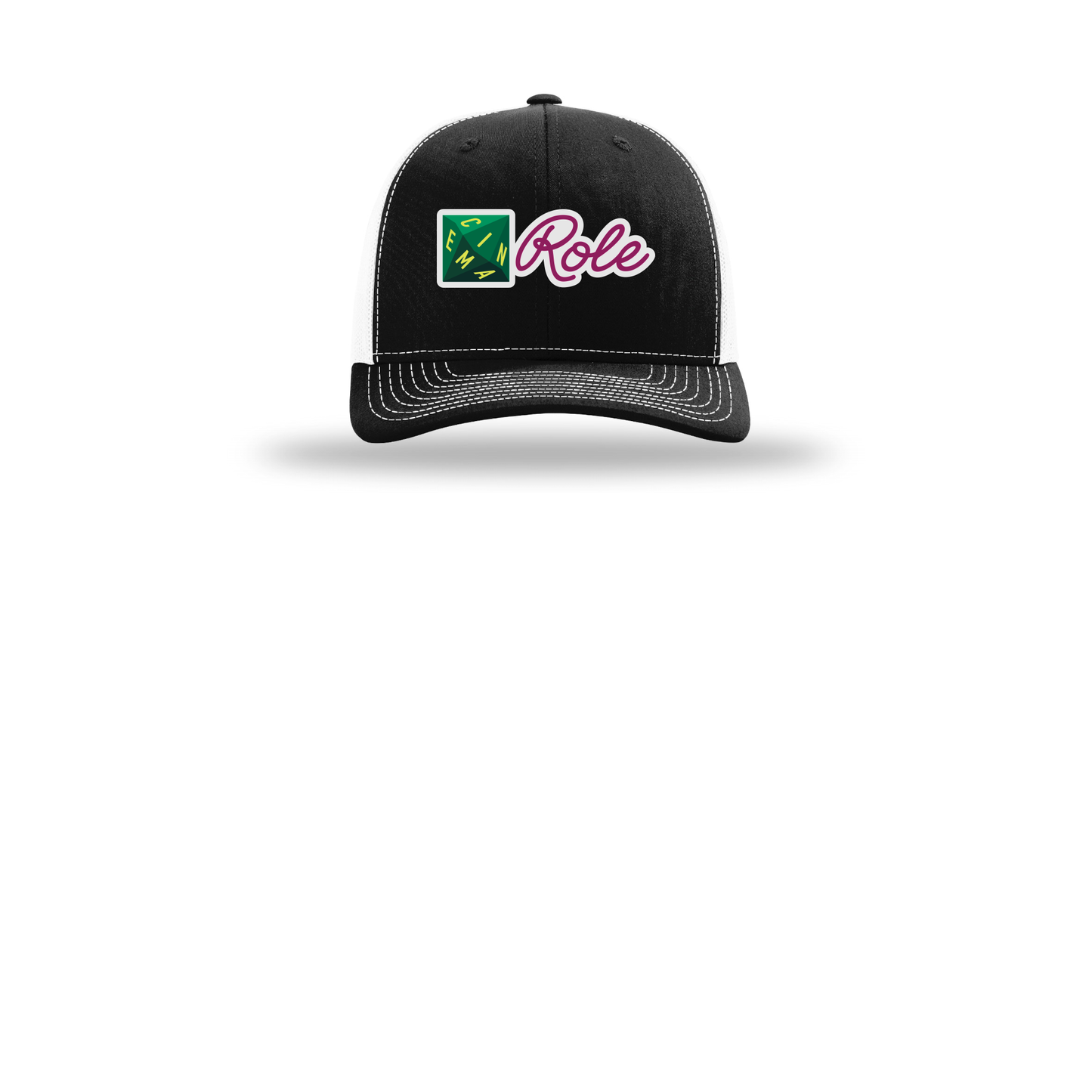 cinemarole-richardson-trucker-cap-embroidery-capfront-R112-blackwhite-flat-front