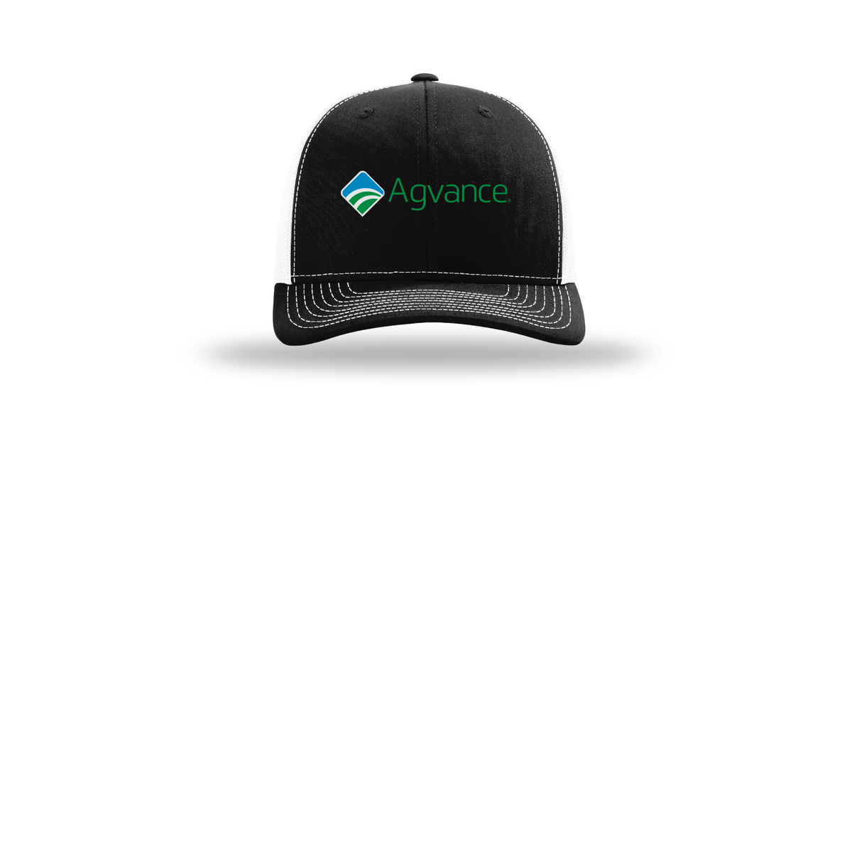 agvance-richardson-trucker-cap-embroidery-capfront-R112-blackwhite-flat-front