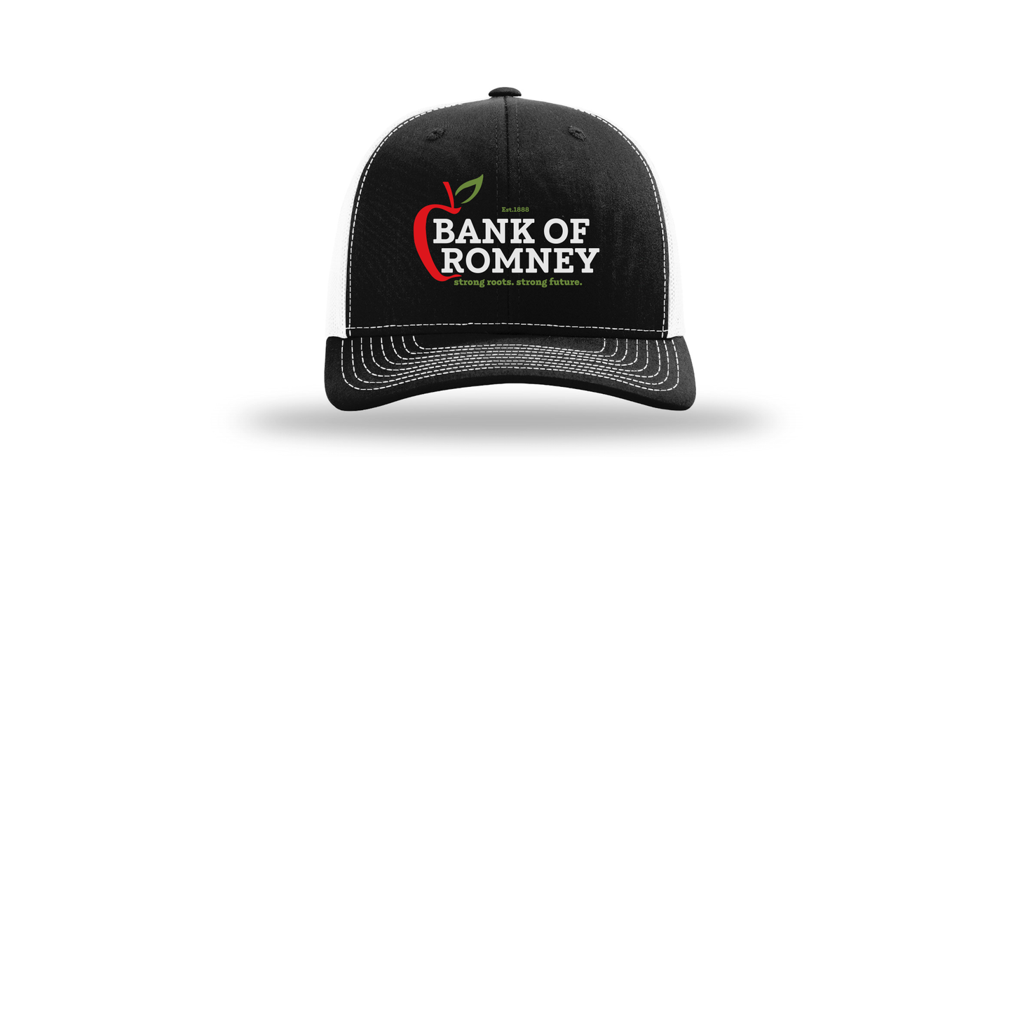 bankofromney-richardson-trucker-cap-embroidery-capfront-R112-blackwhite-flat-front