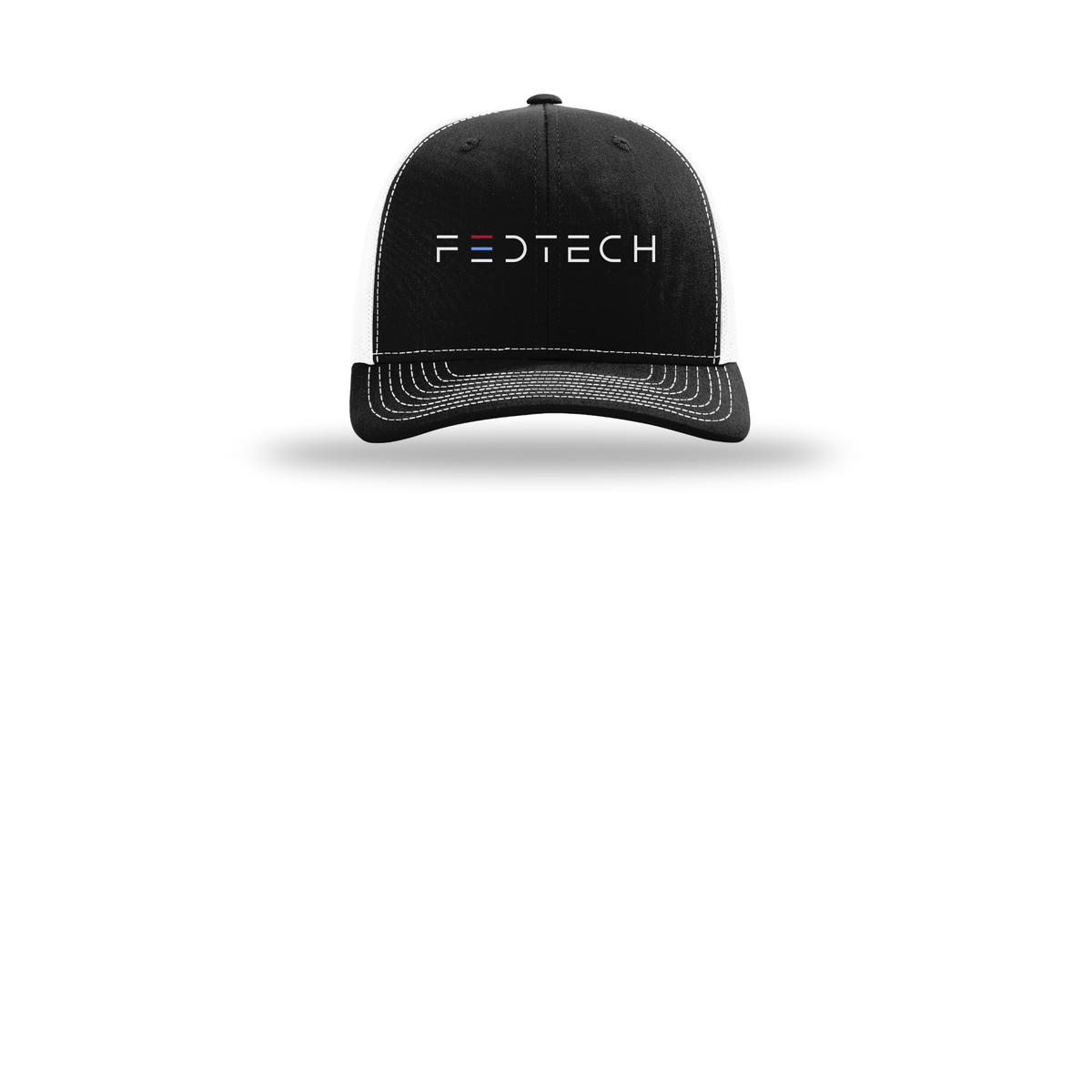 fedtech-richardson-trucker-cap-embroidery-capfront-R112-blackwhite-flat-front