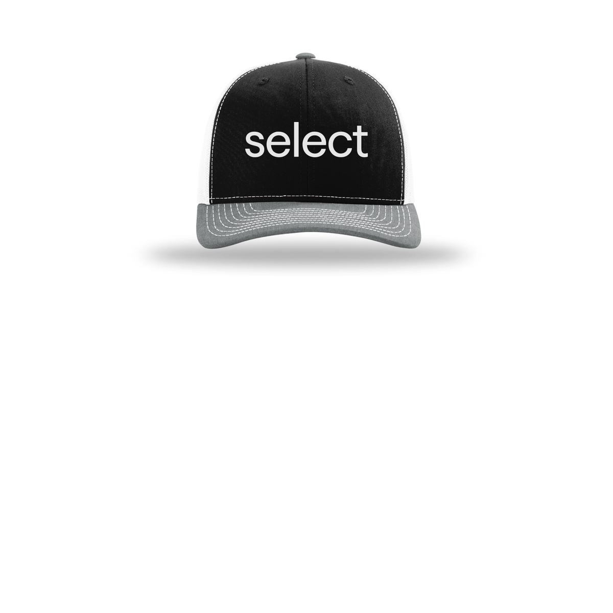meetselect-richardson-trucker-cap-embroidery-capfront-R112-blackwhiteheathergrey-flat-front