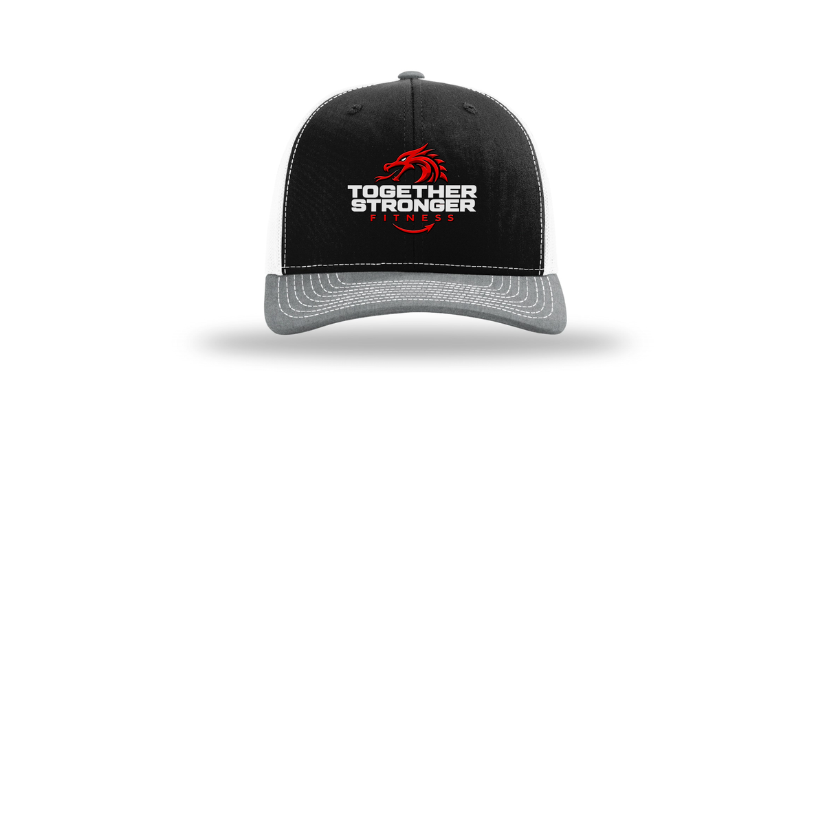 togetherstrongerfitness-richardson-trucker-cap-embroidery-capfront-R112-blackwhiteheathergrey-flat-front