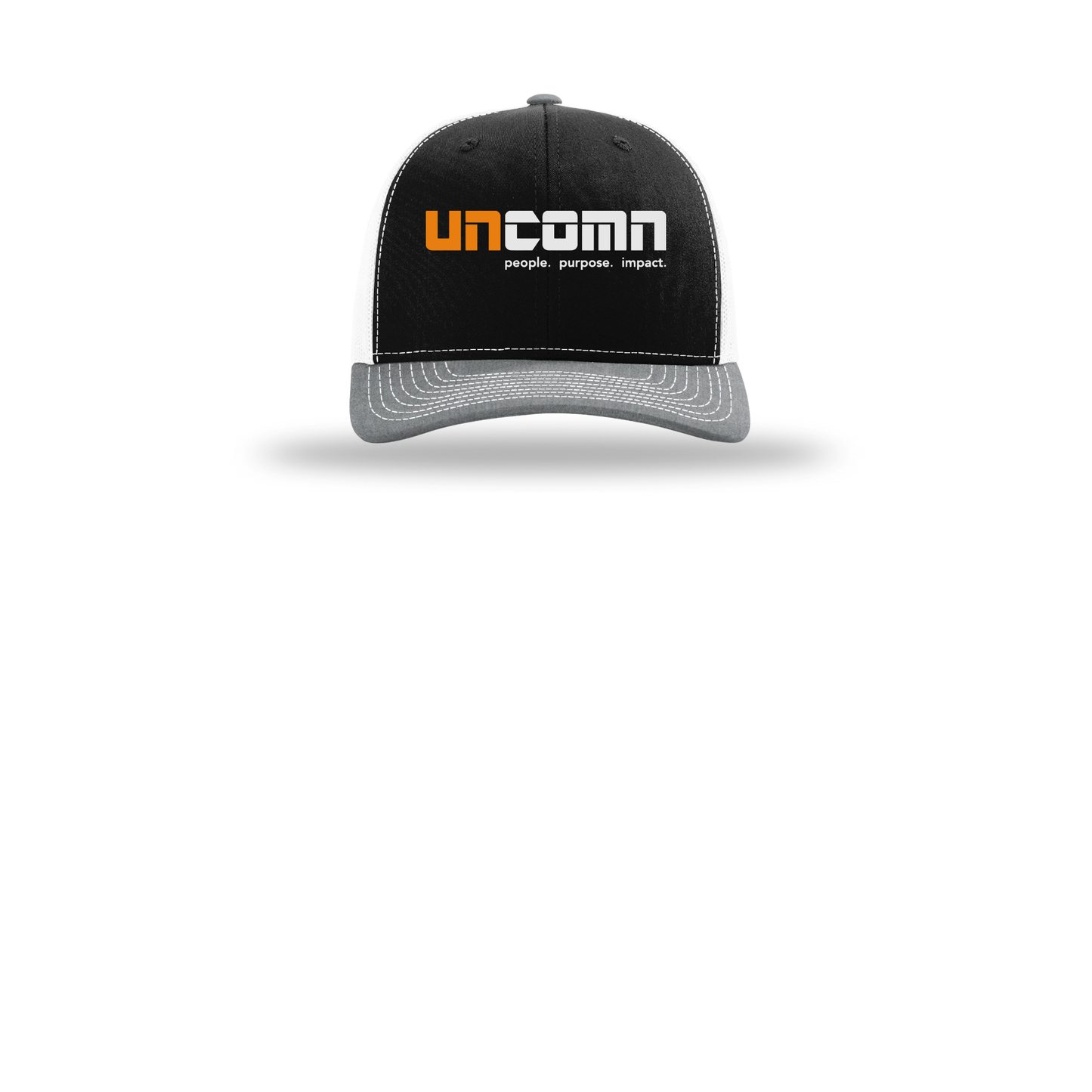 uncomn-richardson-trucker-cap-embroidery-capfront-R112-blackwhiteheathergrey-flat-front