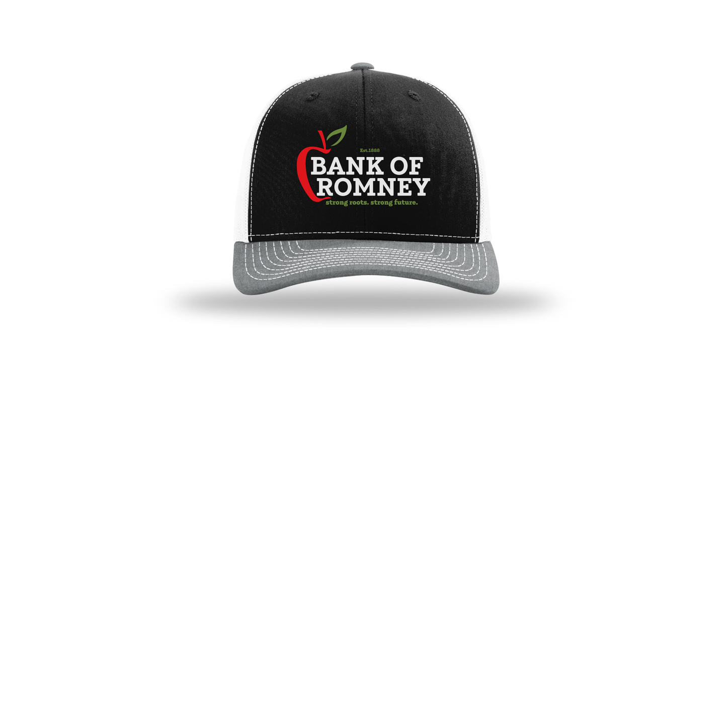 bankofromney-richardson-trucker-cap-embroidery-capfront-R112-blackwhiteheathergrey-flat-front