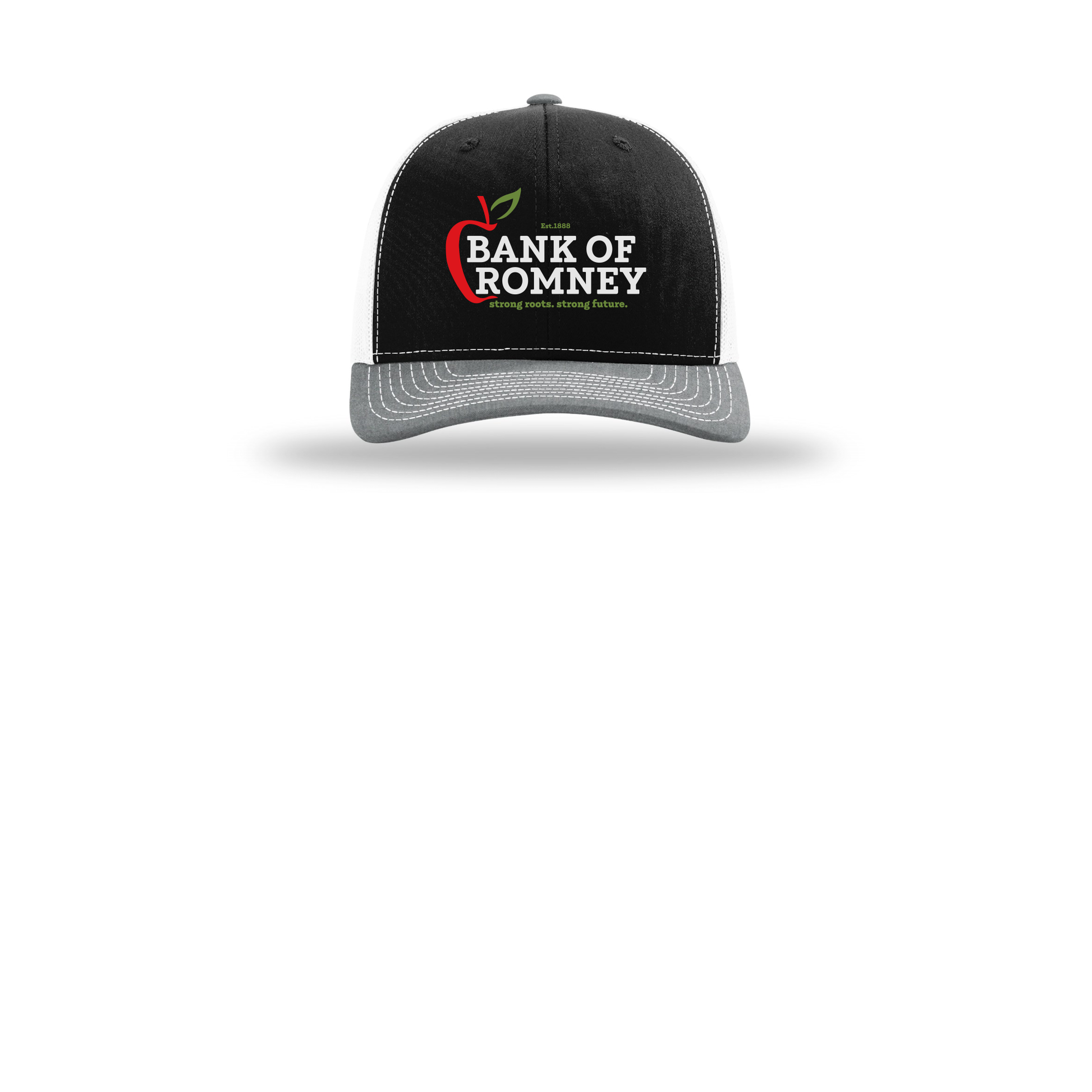 bankofromney-richardson-trucker-cap-embroidery-capfront-R112-blackwhiteheathergrey-flat-front