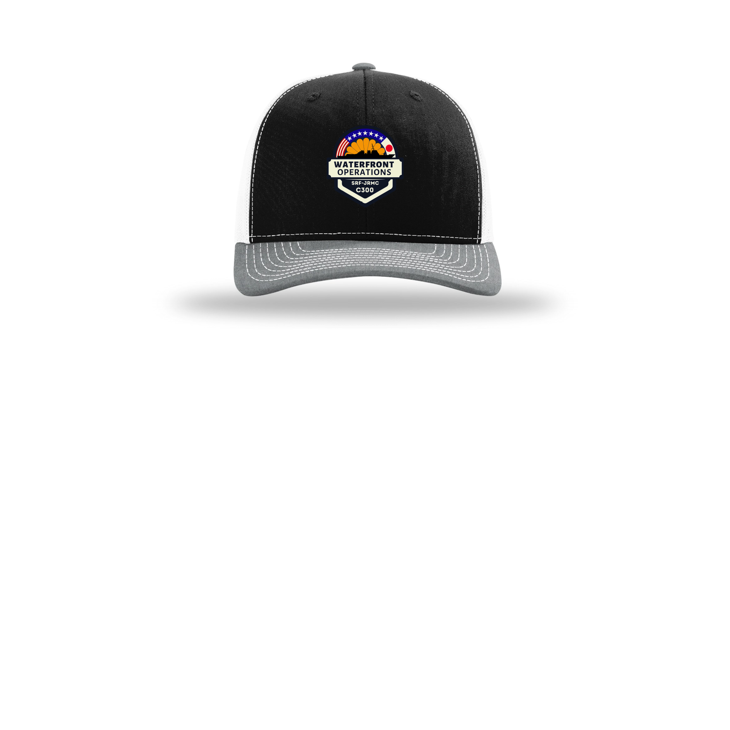 waterfront-operations-retro-trucker-cap-embroidery-capfront-R112-blackwhiteheathergrey-flat-front