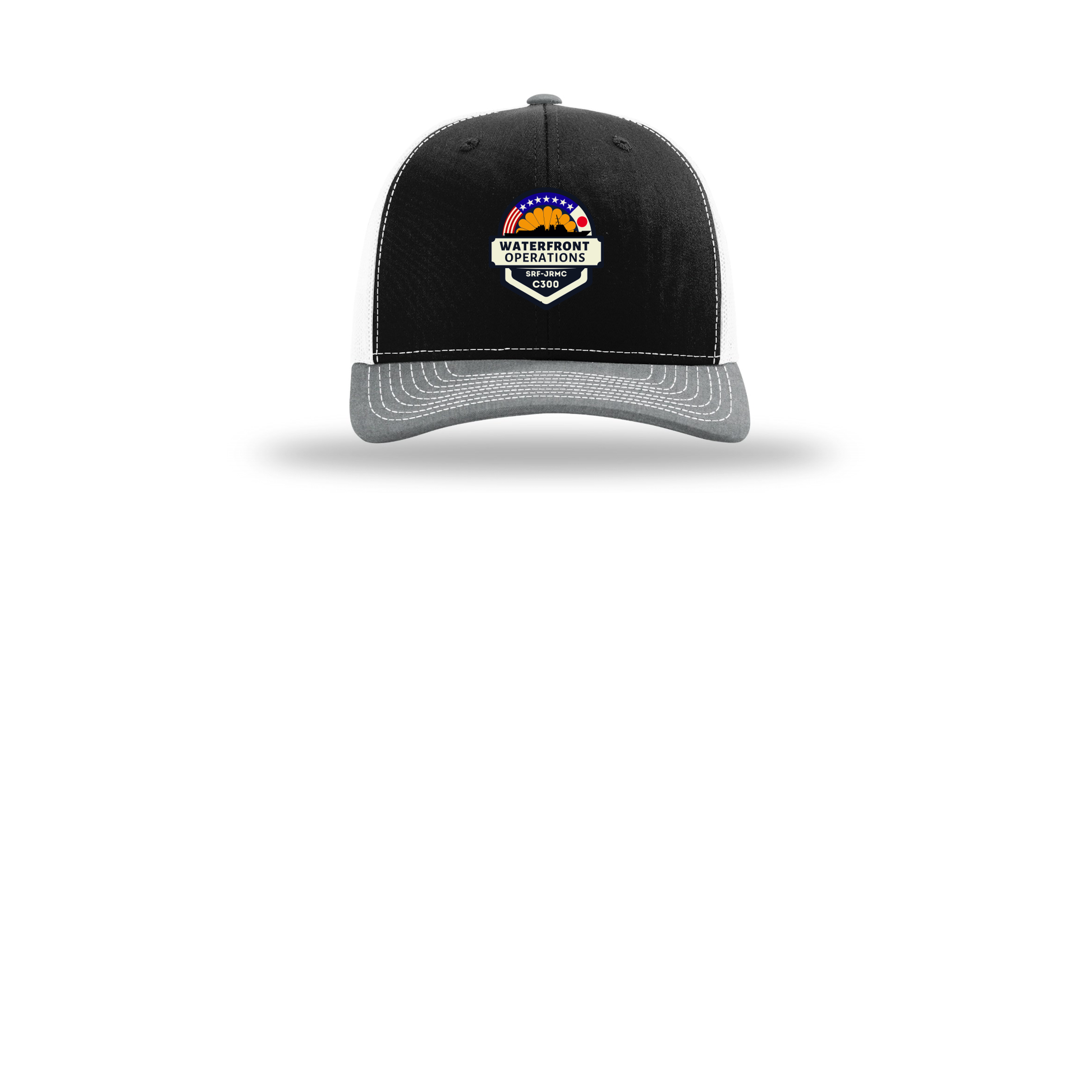 waterfront-operations-retro-trucker-cap-embroidery-capfront-R112-blackwhiteheathergrey-flat-front