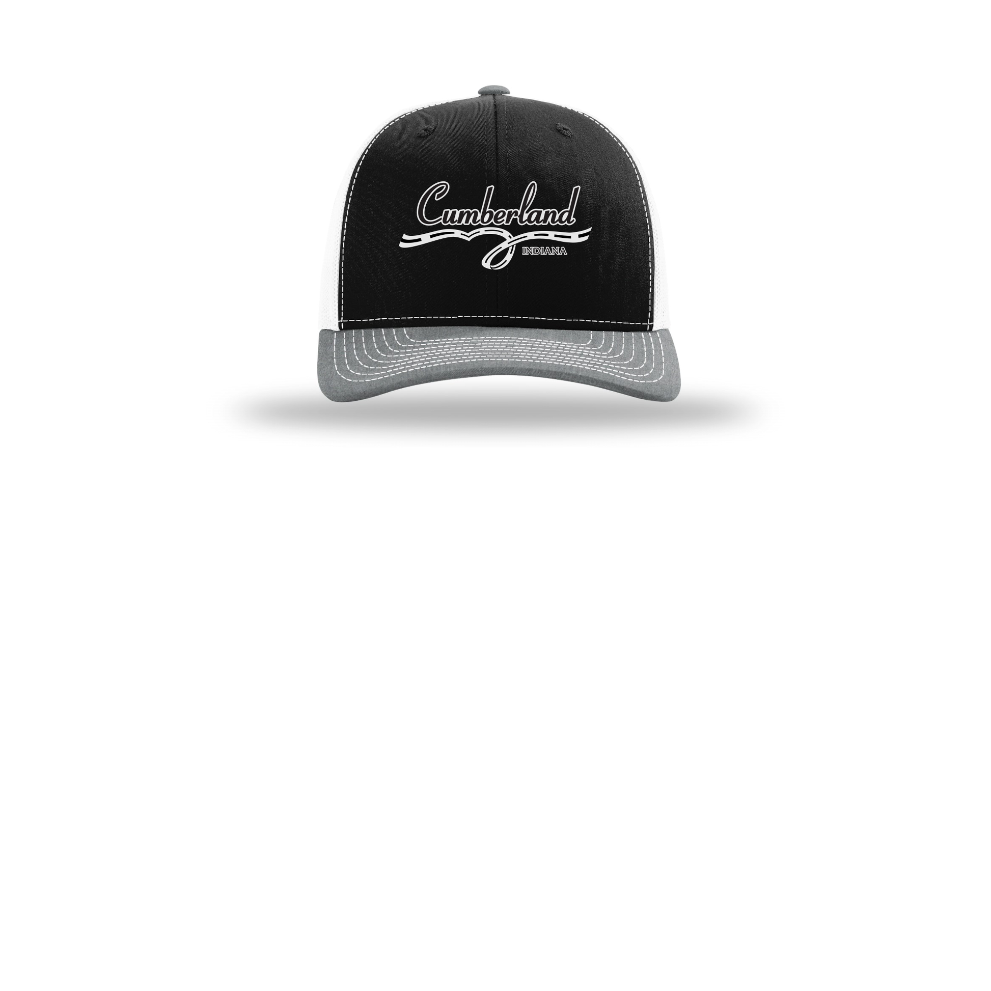 cumberland-richardson-trucker-cap-embroidery-capfront-R112-blackwhiteheathergrey-flat-front
