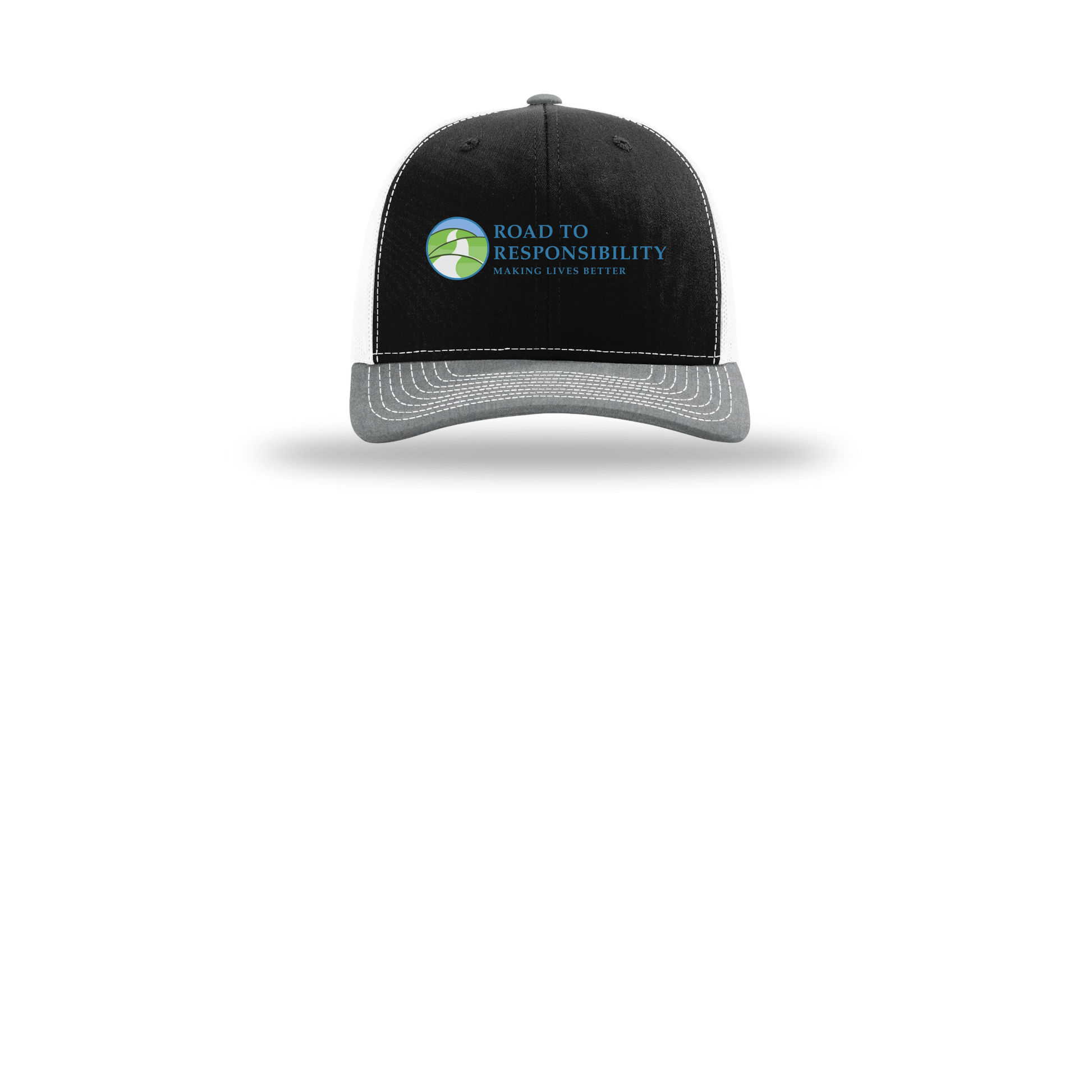 roadtoresponsibility-richardson-trucker-cap-embroidery-capfront-R112-blackwhiteheathergrey-flat-front