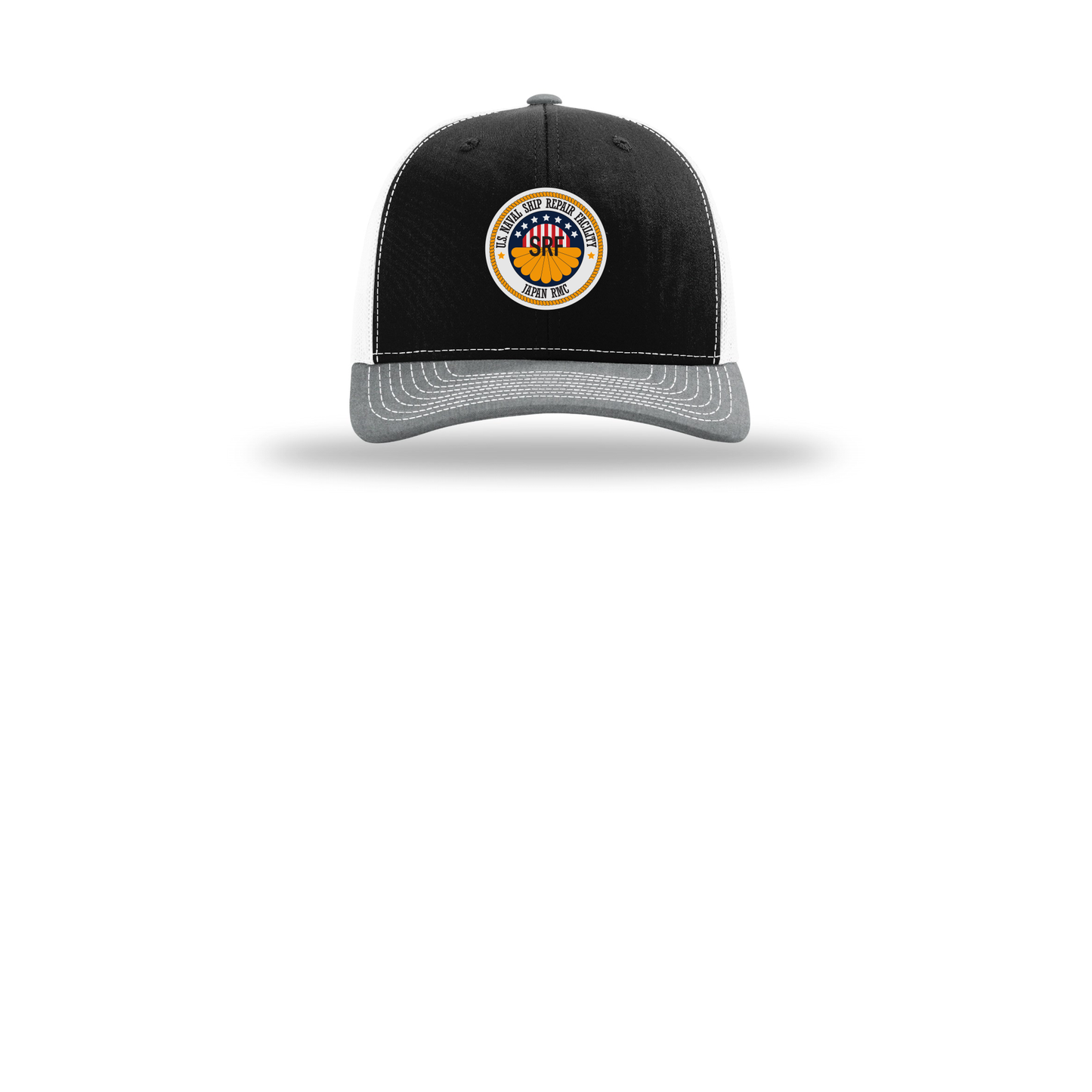 srf-jrmc-richardson-trucker-cap-embroidery-capfront-R112-blackwhiteheathergrey-flat-front