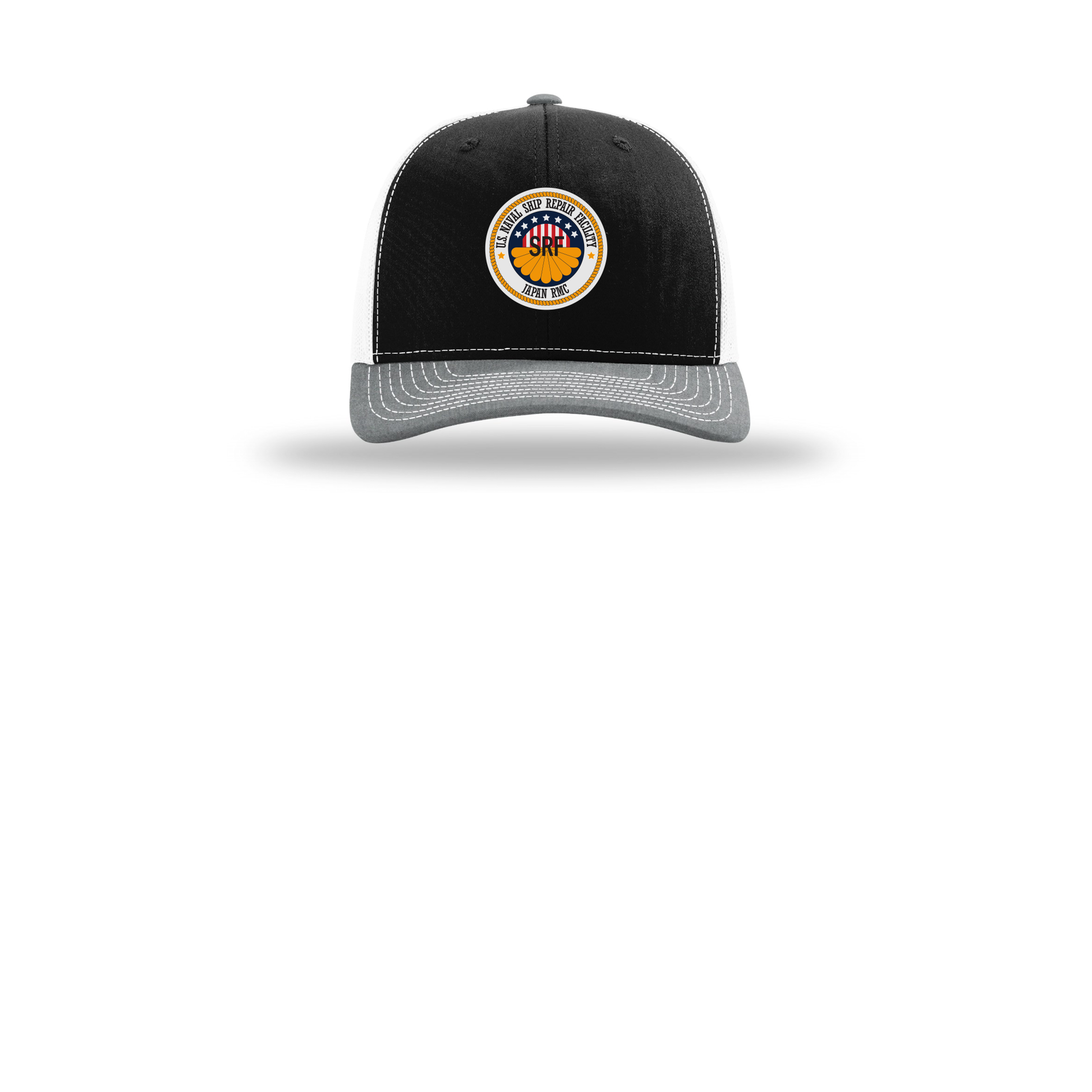 srf-jrmc-richardson-trucker-cap-embroidery-capfront-R112-blackwhiteheathergrey-flat-front