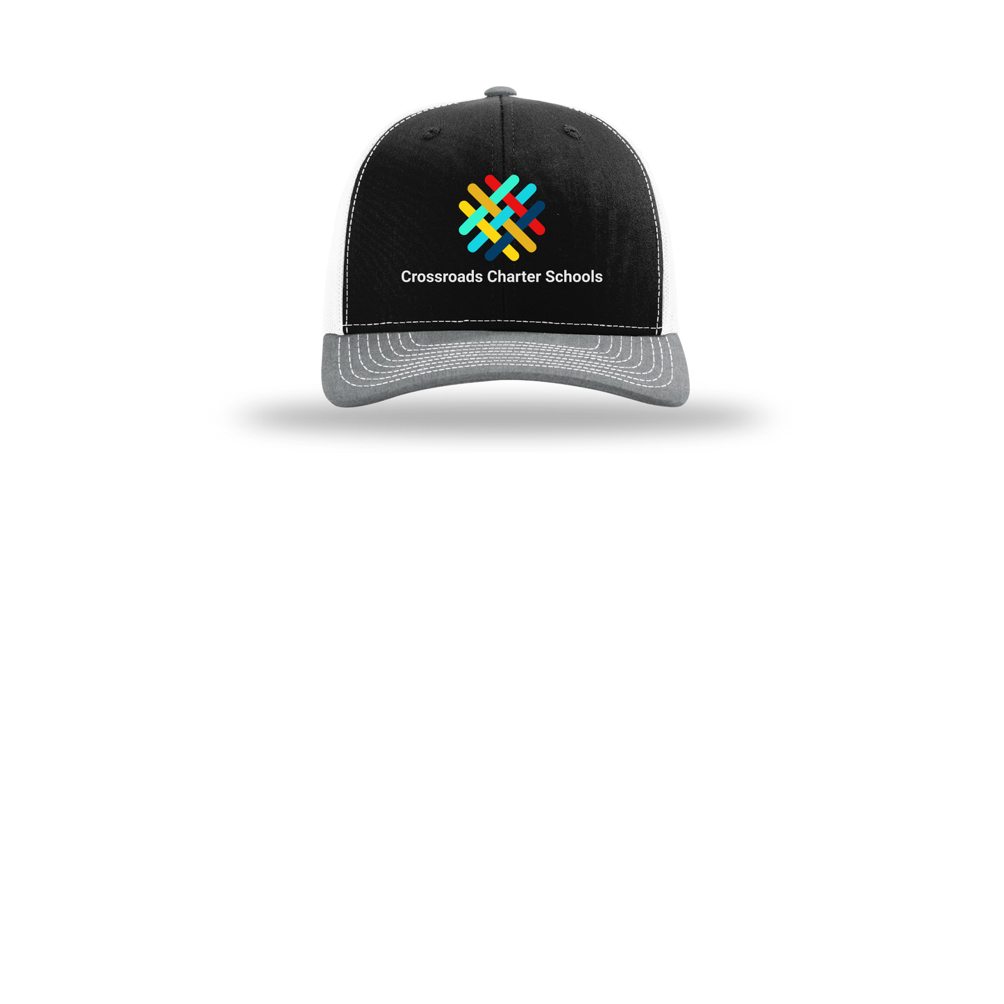 crossroadsschoolskc-richardson-trucker-cap-embroidery-capfront-R112-blackwhiteheathergrey-flat-front
