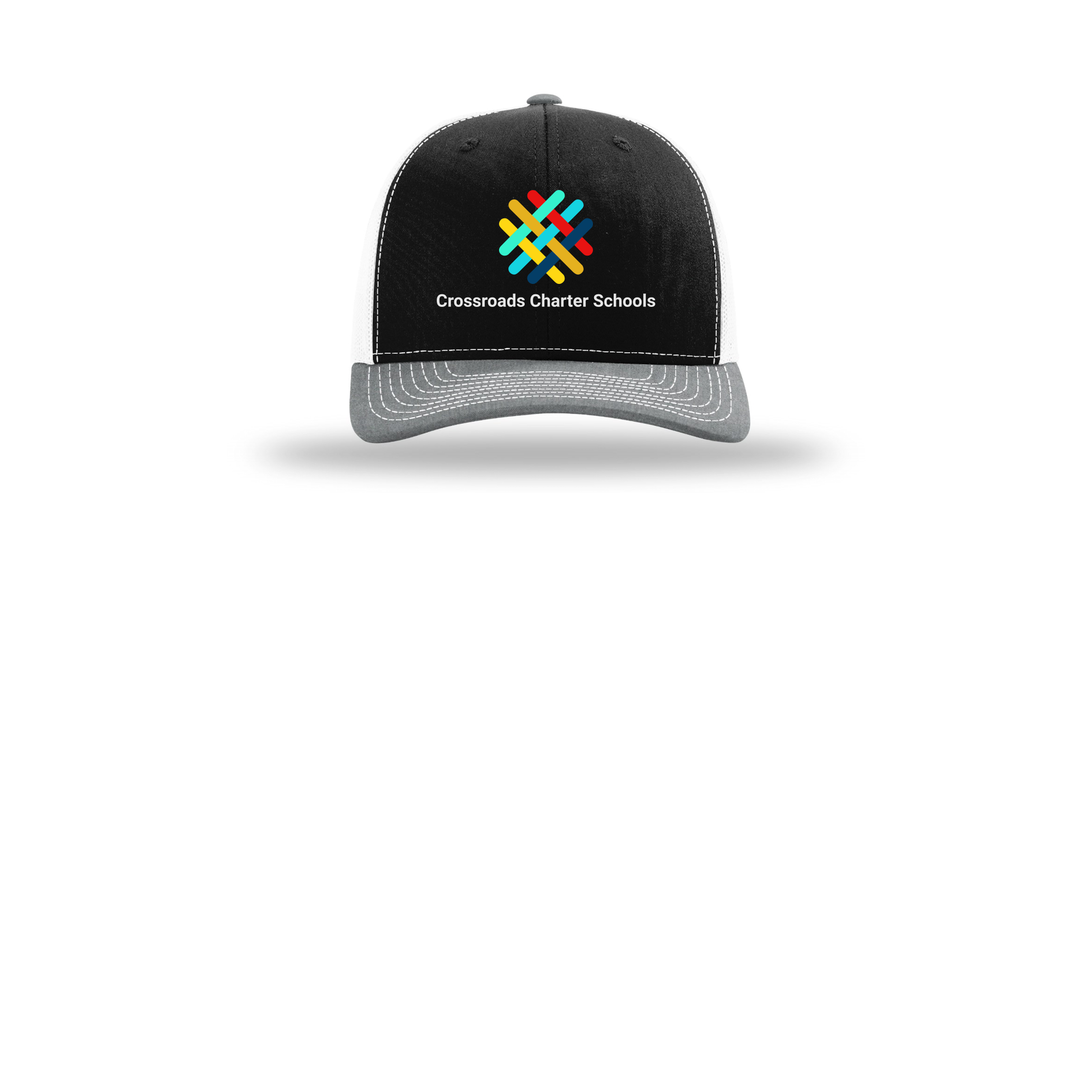 crossroadsschoolskc-richardson-trucker-cap-embroidery-capfront-R112-blackwhiteheathergrey-flat-front