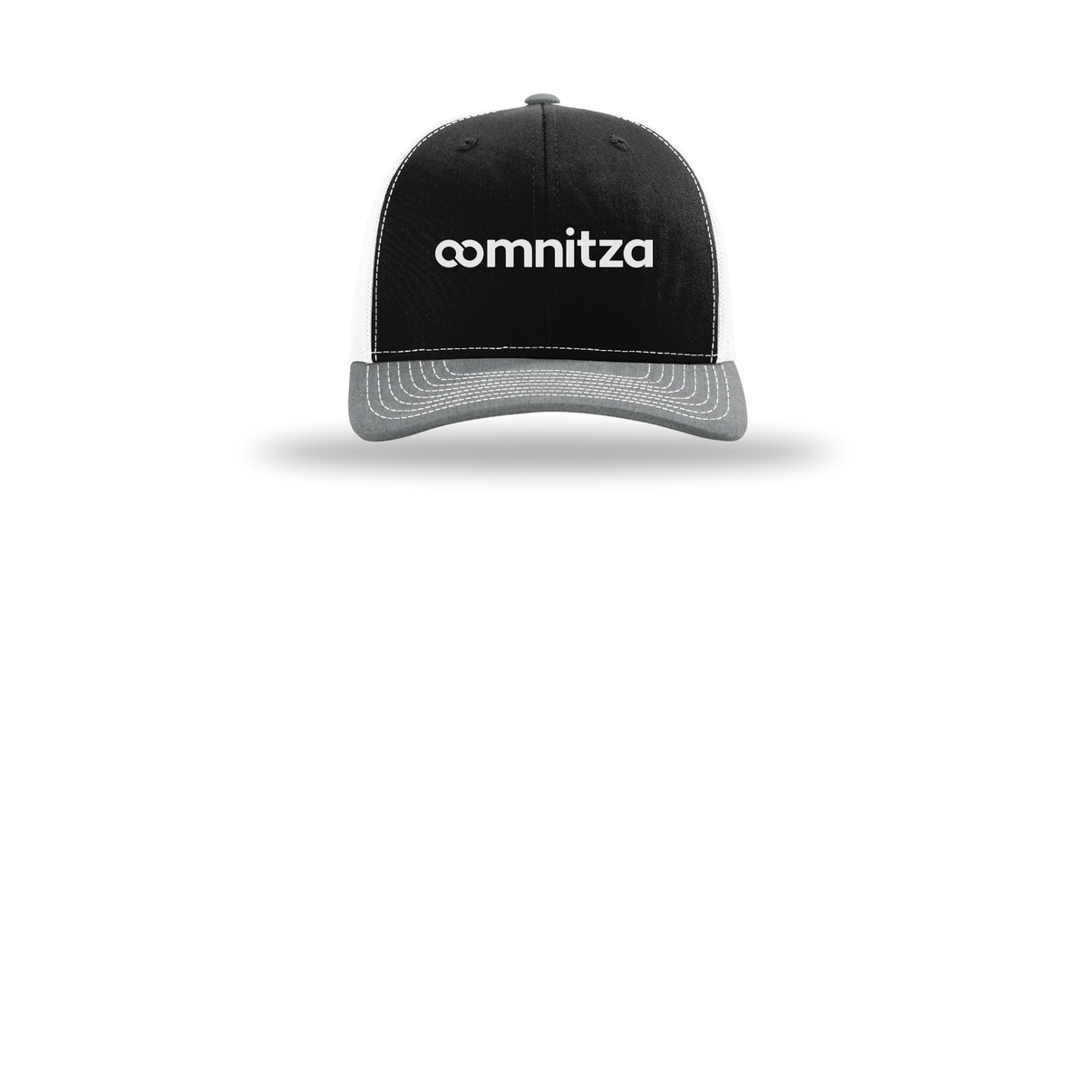 oomnitza-richardson-trucker-cap-embroidery-capfront-R112-blackwhiteheathergrey-flat-front