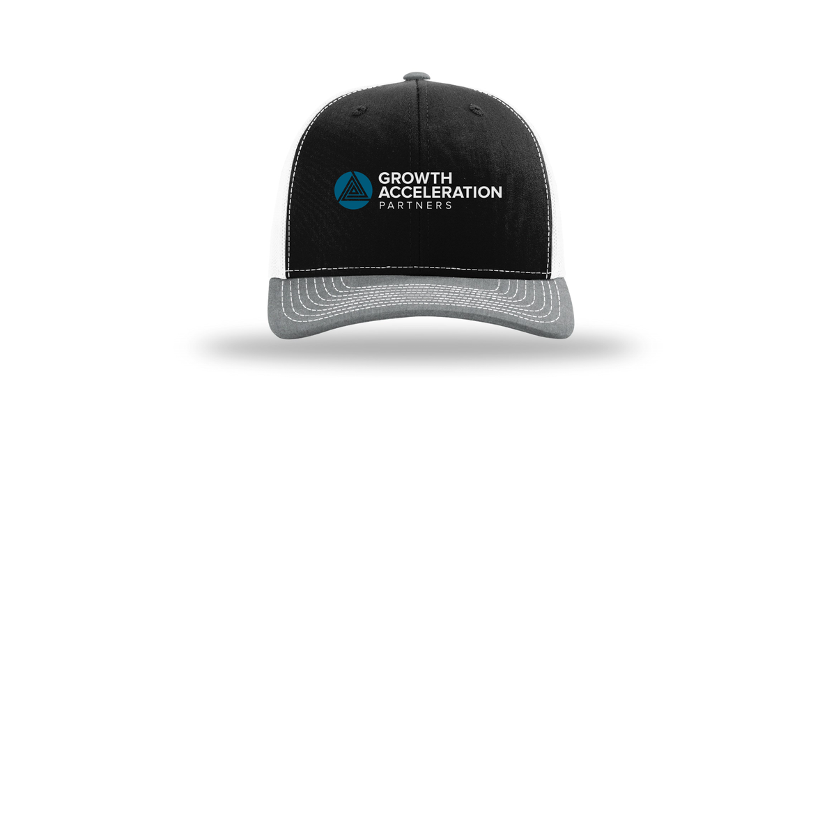 growthaccelerationpartners-richardson-trucker-cap-embroidery-capfront-R112-blackwhiteheathergrey-flat-front