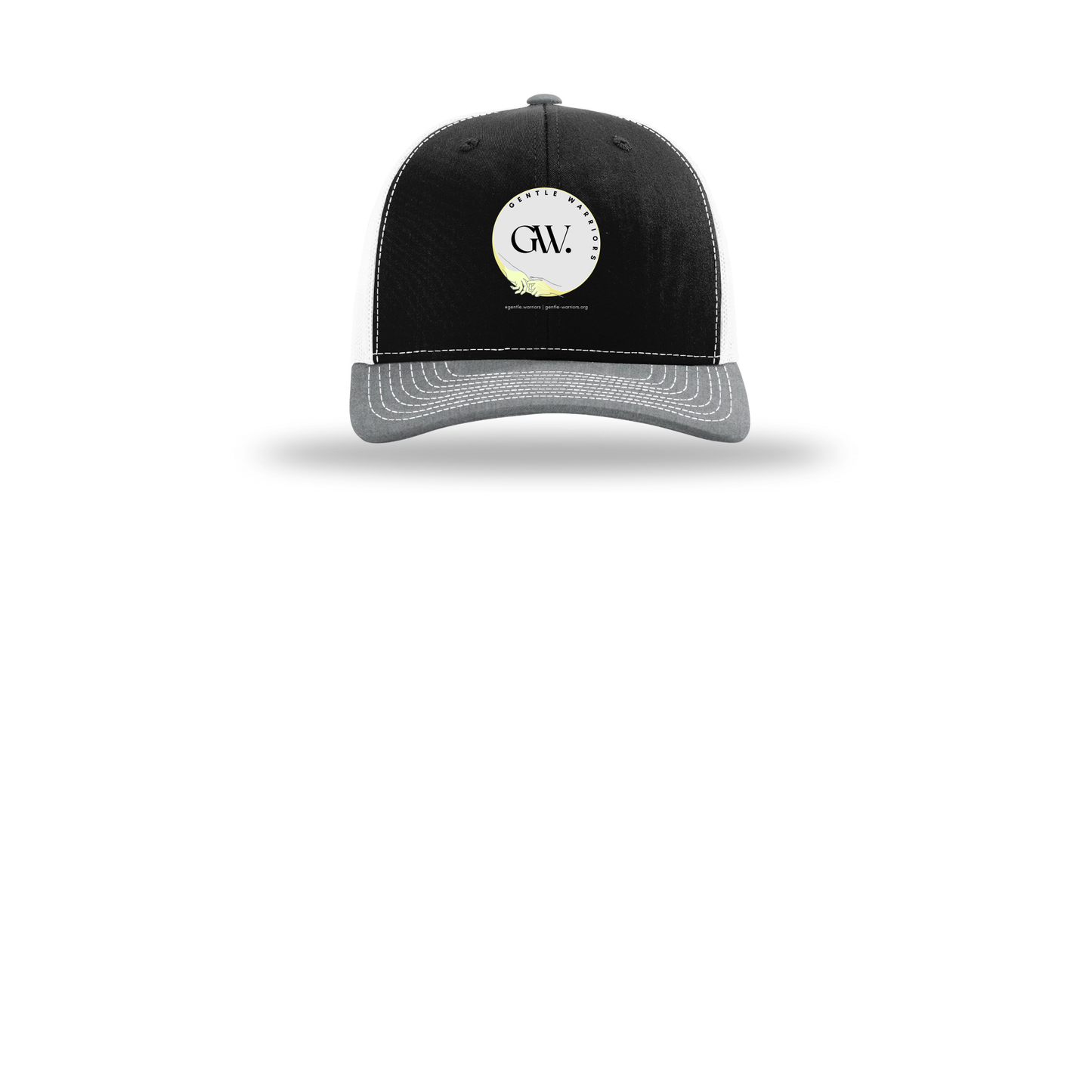 gentle-warriors-richardson-trucker-cap-embroidery-capfront-R112-blackwhiteheathergrey-flat-front